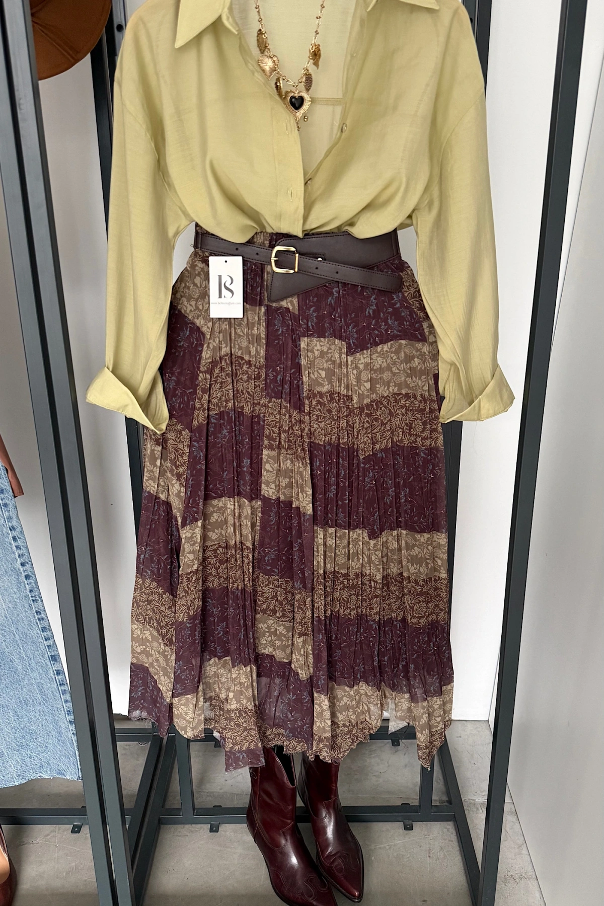 Kendinden Kemerli Karışık Desen Etek Kahve-Yeşil