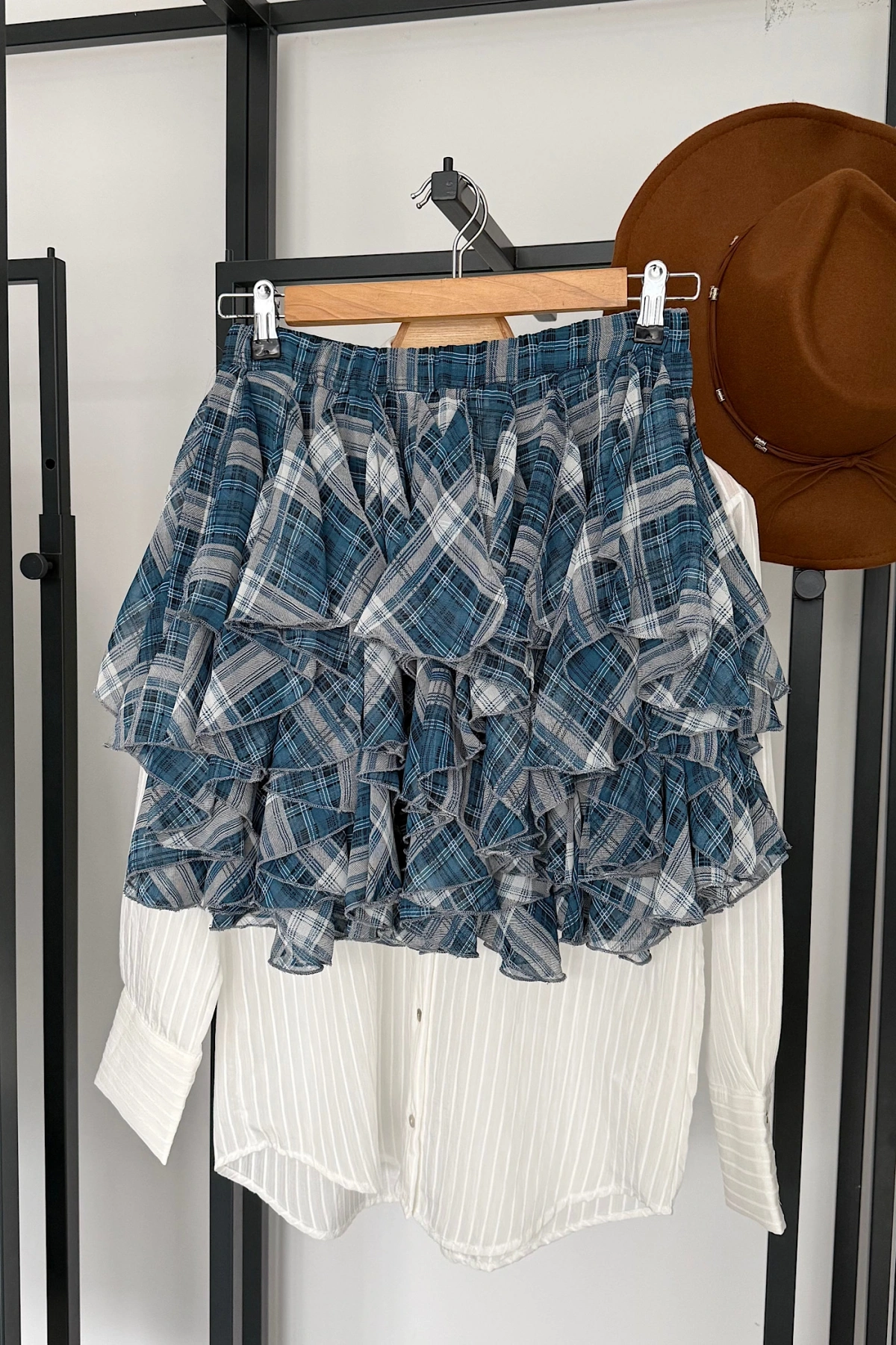 Beli Lastikli Fırfırlı Mini Etek Mavi