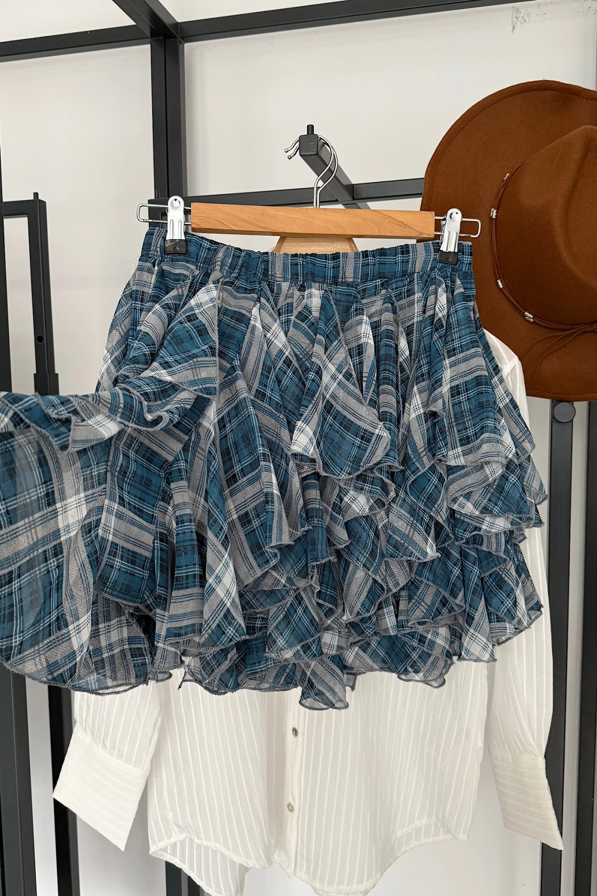 Beli Lastikli Fırfırlı Mini Etek Mavi