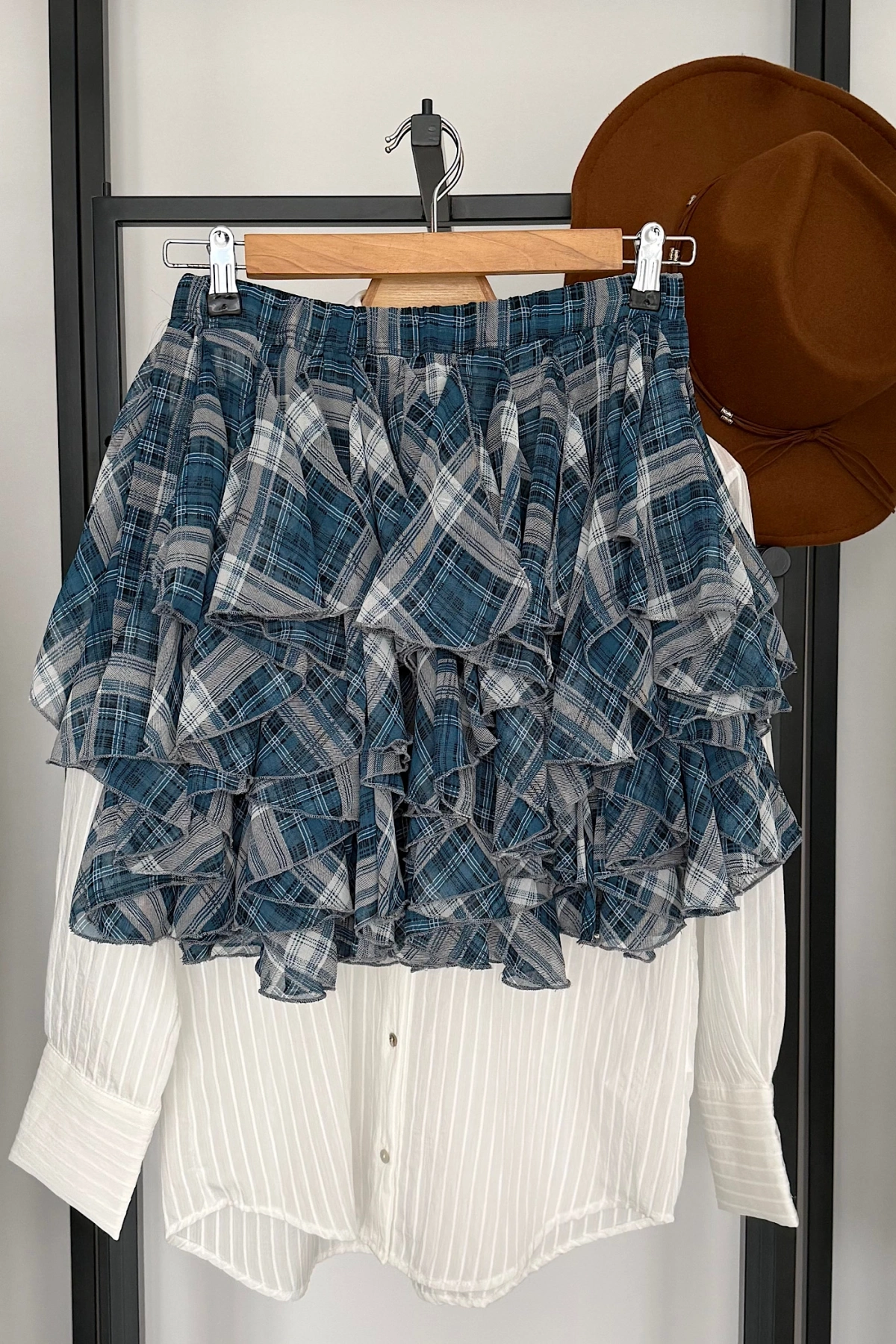 Beli Lastikli Fırfırlı Mini Etek Mavi