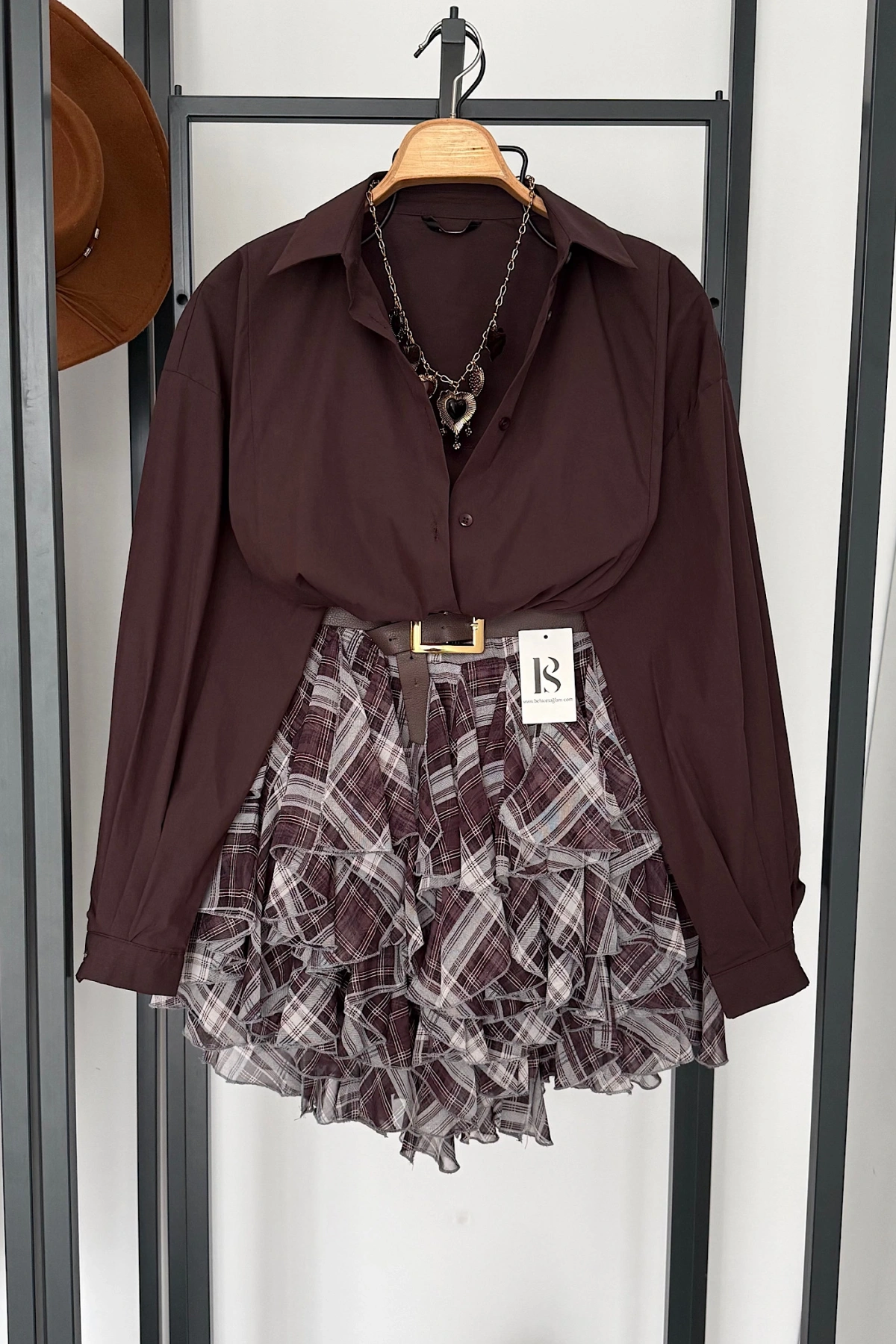 Beli Lastikli Fırfırlı Mini Etek Kahverengi