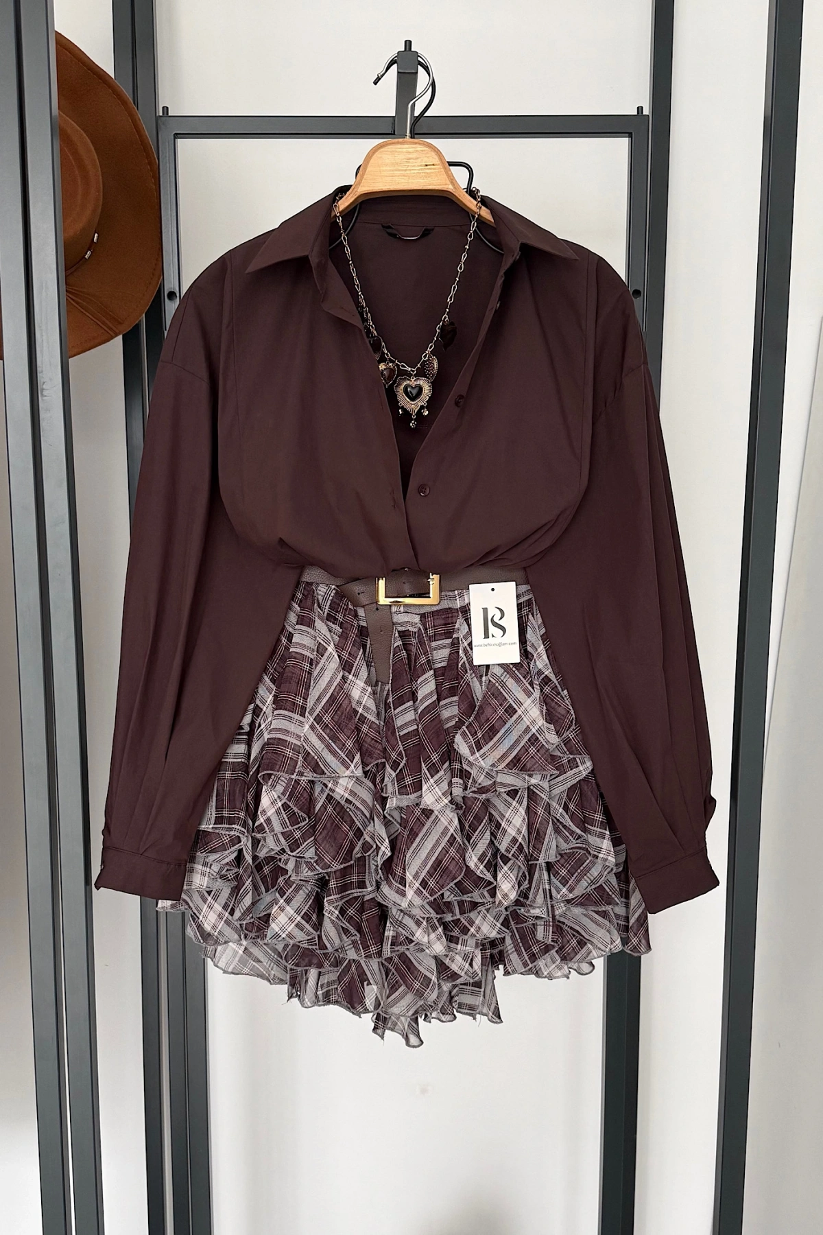 Beli Lastikli Fırfırlı Mini Etek Kahverengi