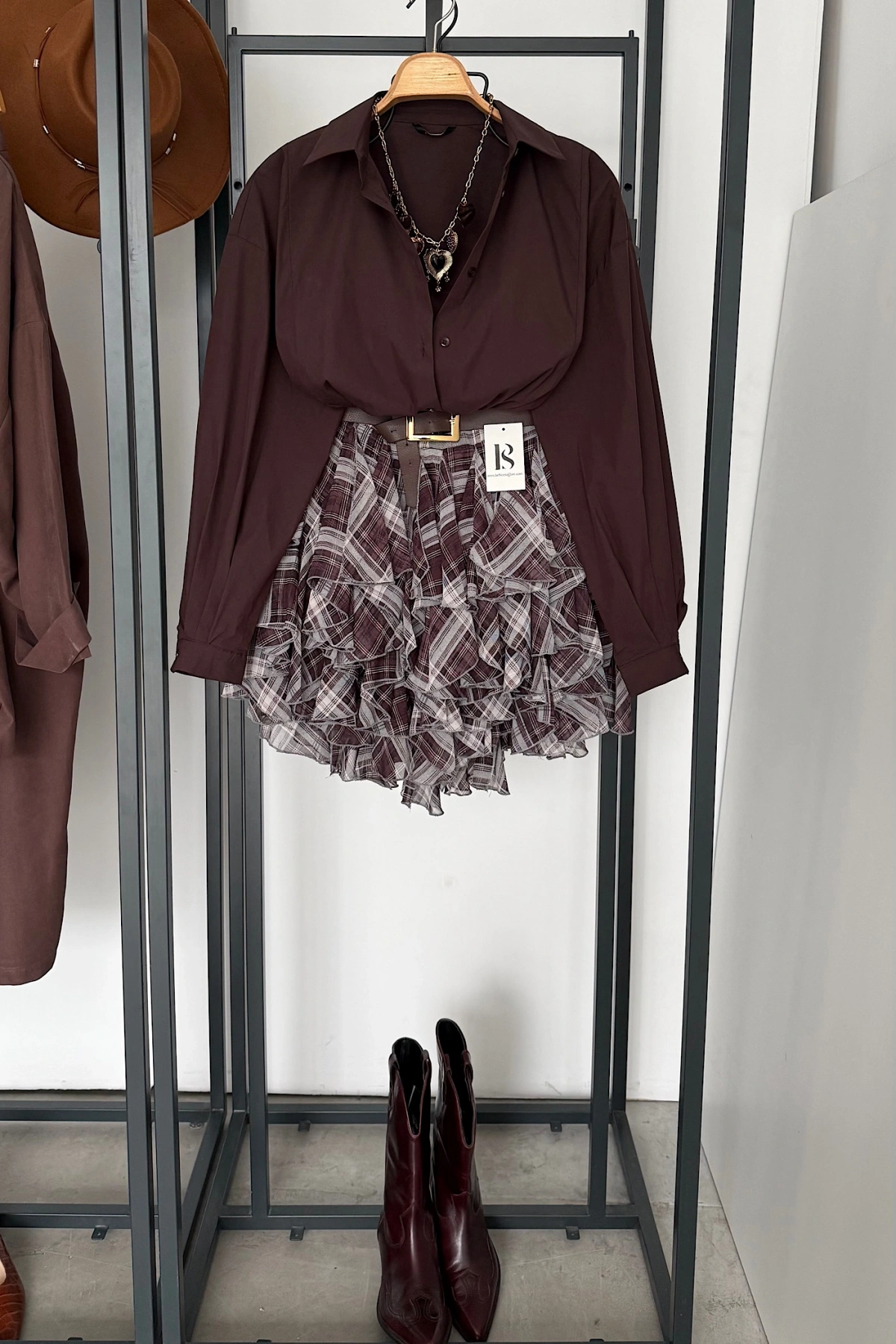 Beli Lastikli Fırfırlı Mini Etek Kahverengi