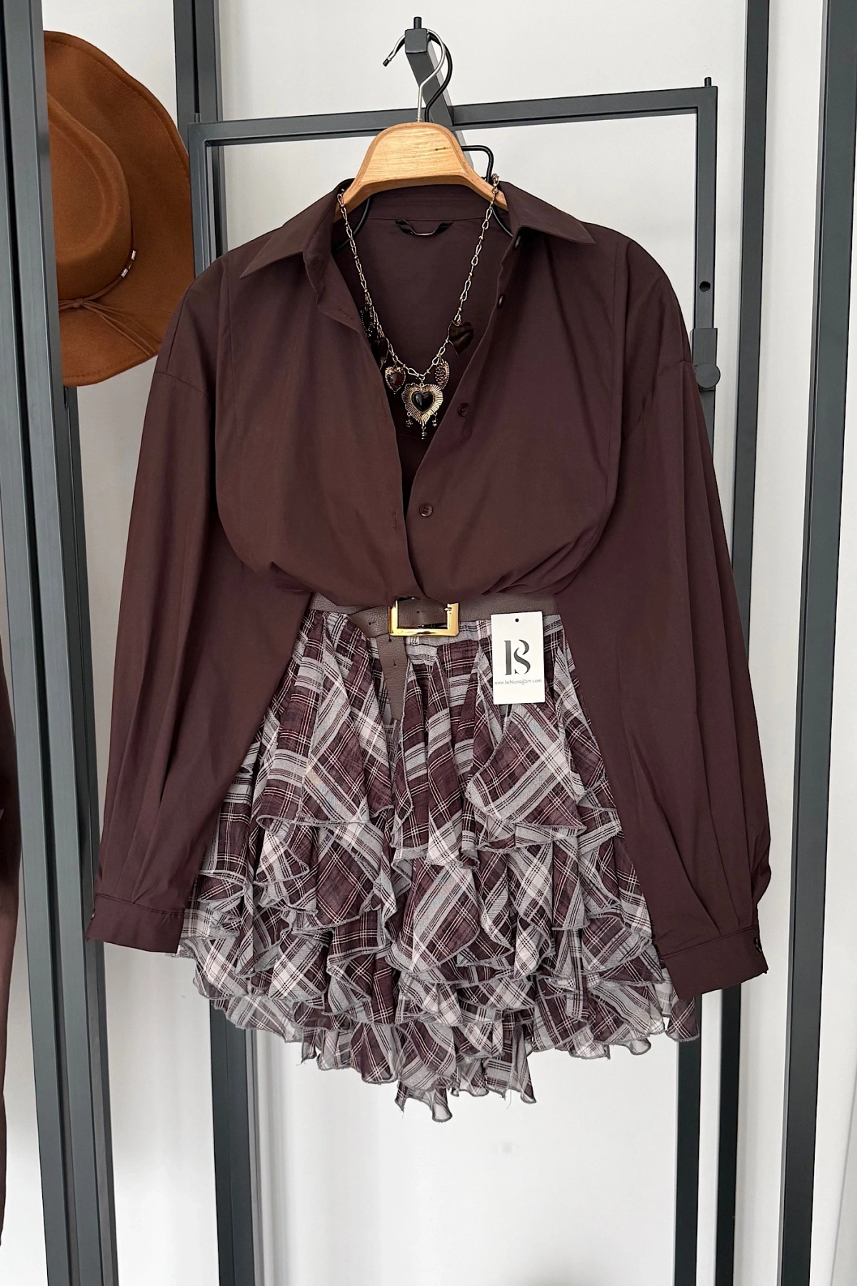 Beli Lastikli Fırfırlı Mini Etek Kahverengi