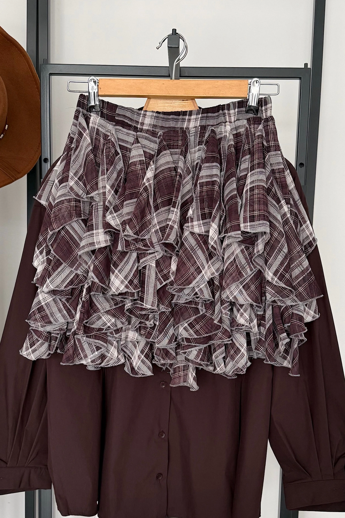 Beli Lastikli Fırfırlı Mini Etek Kahverengi