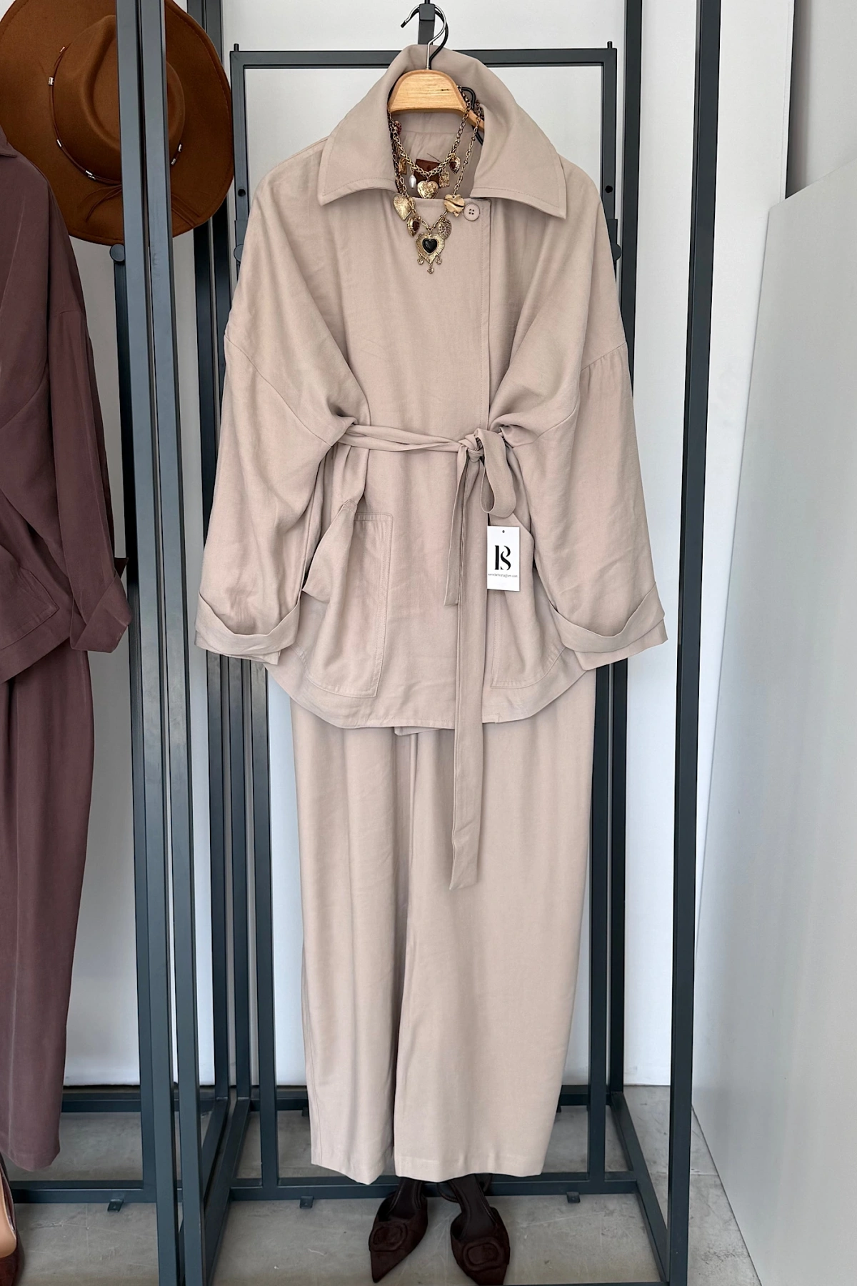 Beli Lastikli Tensel Kimono Takım Krem