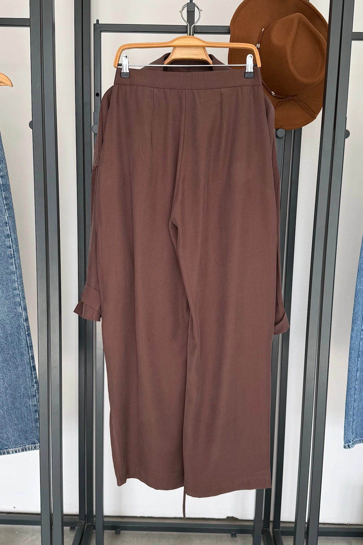 Beli Lastikli Tensel Kimono Takım Kahverengi