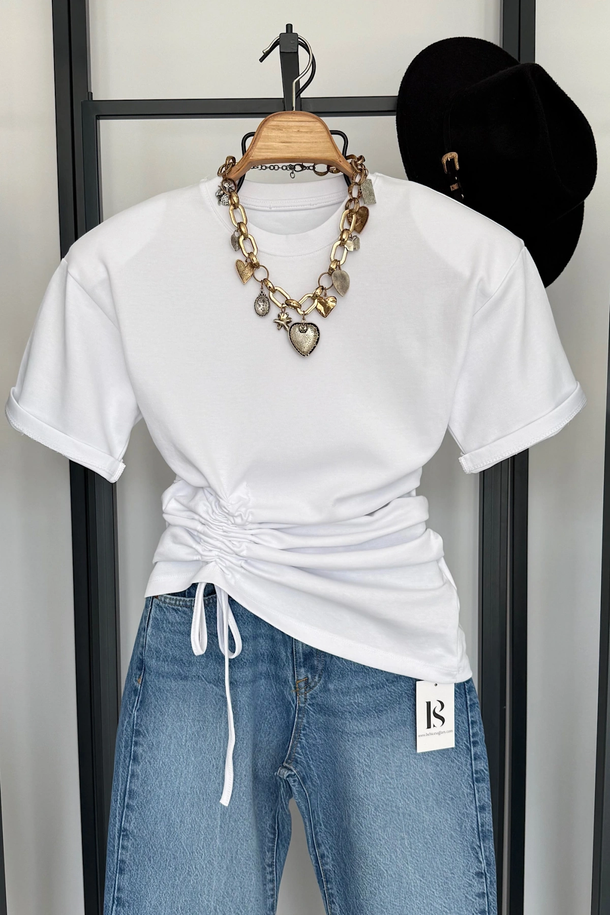 Yandan Büzgülü Bluz Beyaz