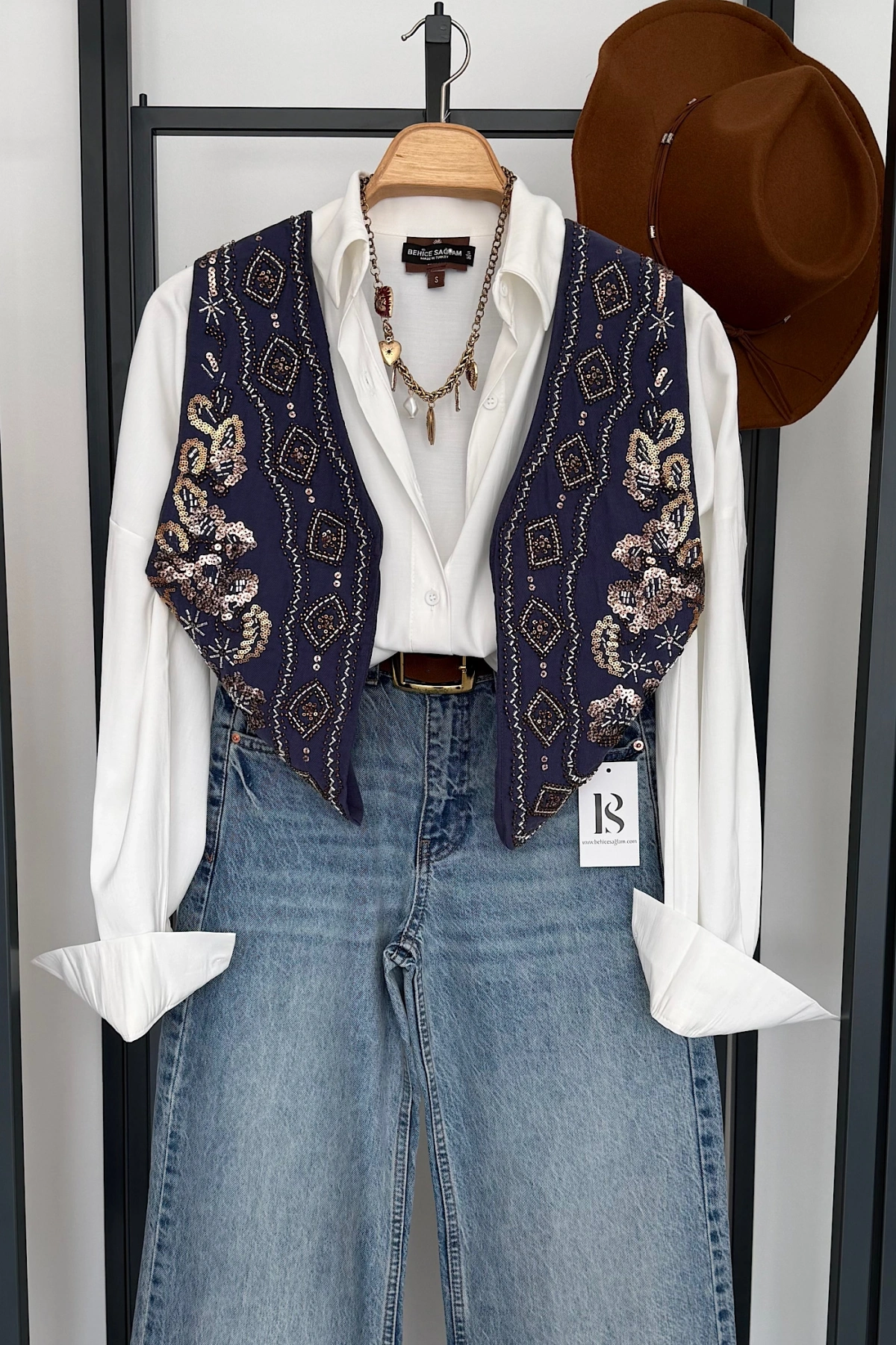 Pullu Tasarım Yelek İndigo