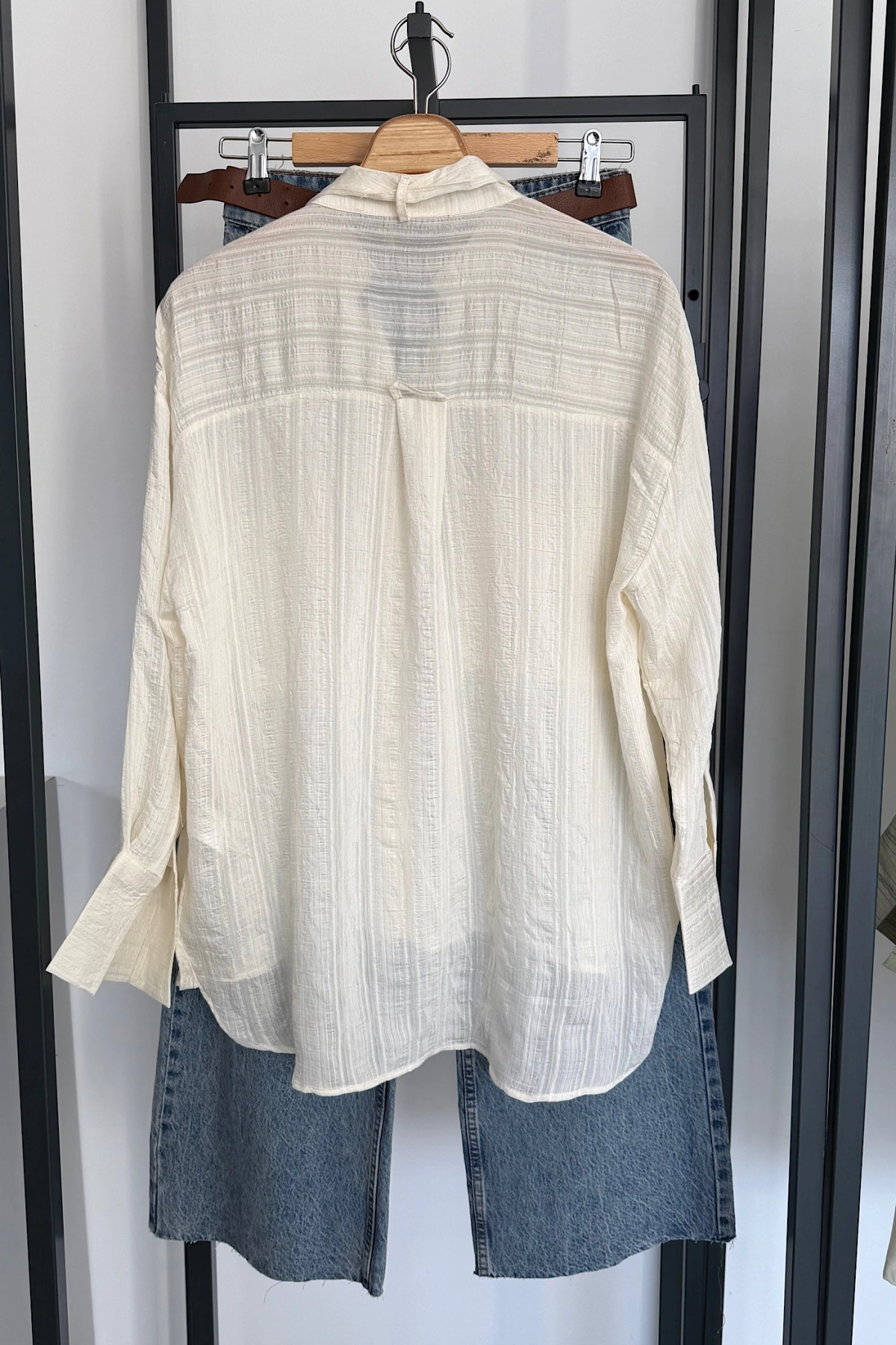 Kuşaklı Modal Gömlek Ekru