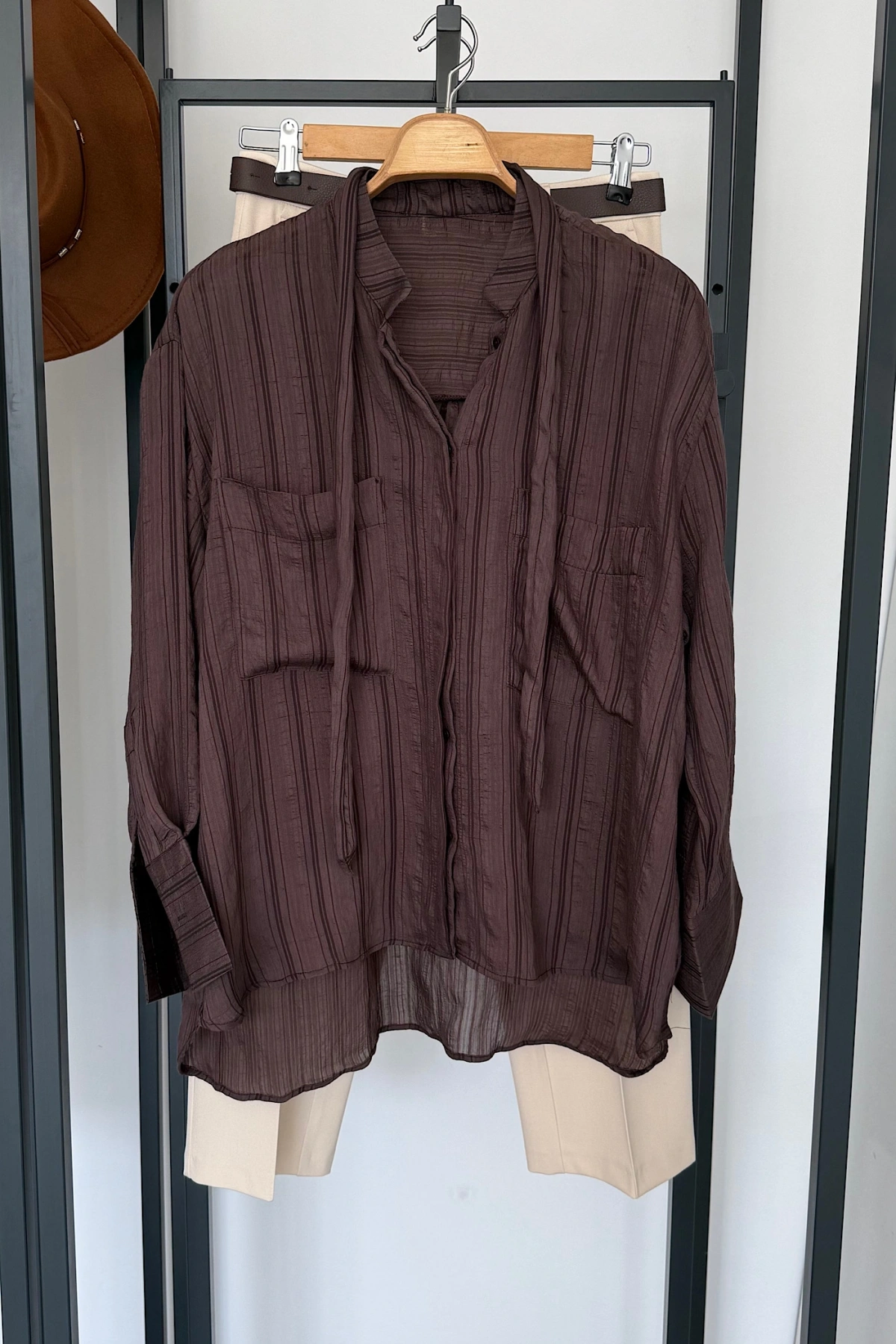 Kuşaklı Modal Gömlek Kahverengi