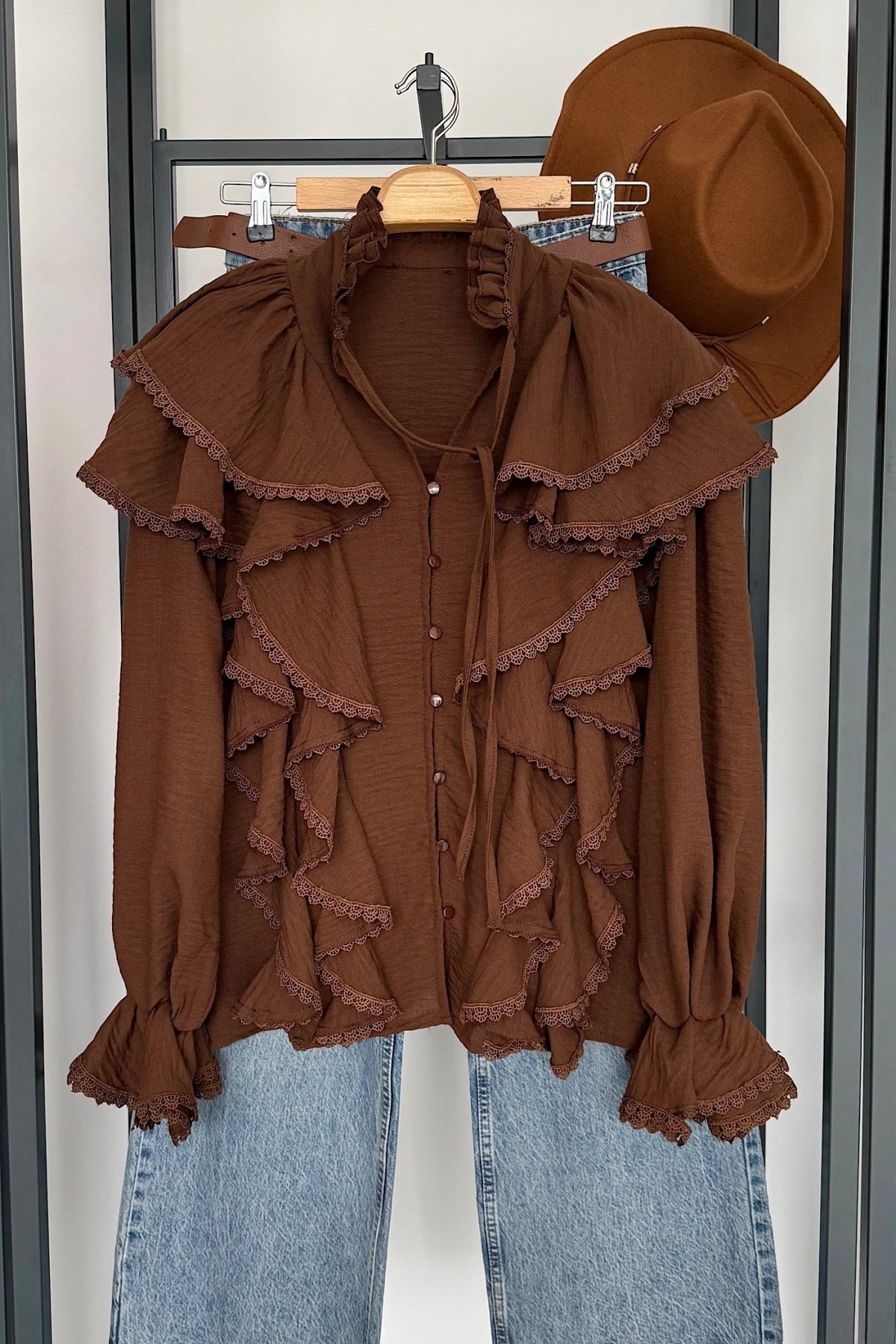 Siena Vintage Fırfır Gömlek Kahverengi