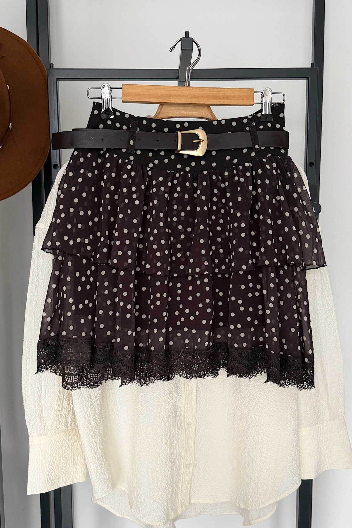 Kendinden Kemerli Puantiyeli Şifon Etek Kahverengi