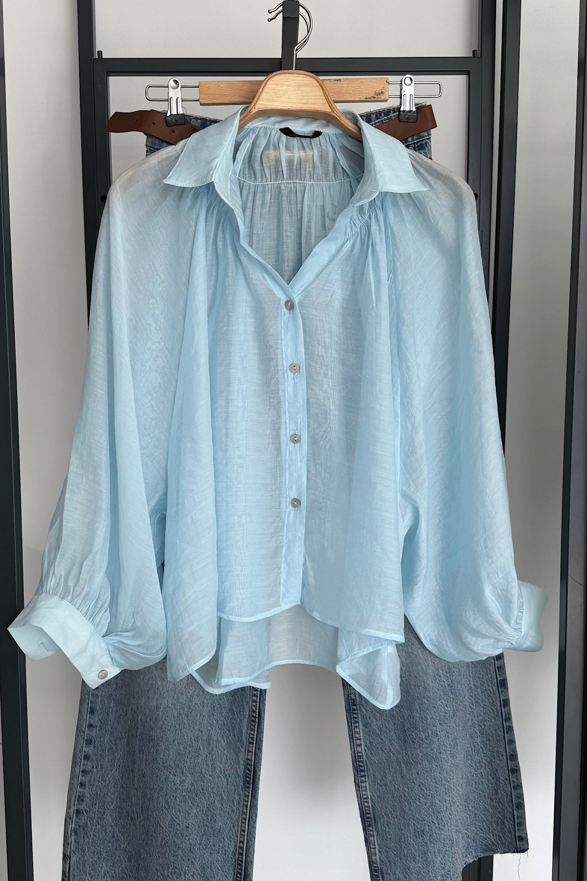 Balon Kol Dökümlü Gömlek Mavi