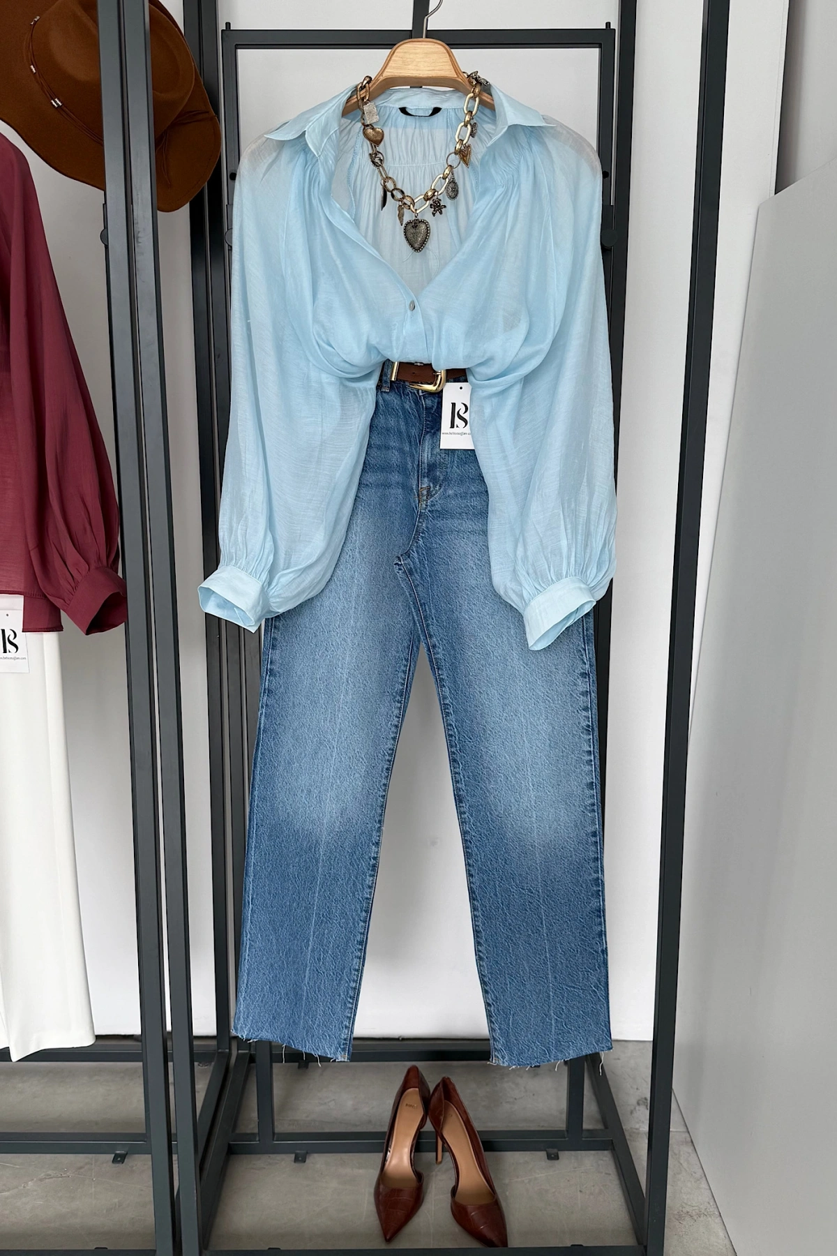 Balon Kol Dökümlü Gömlek Mavi