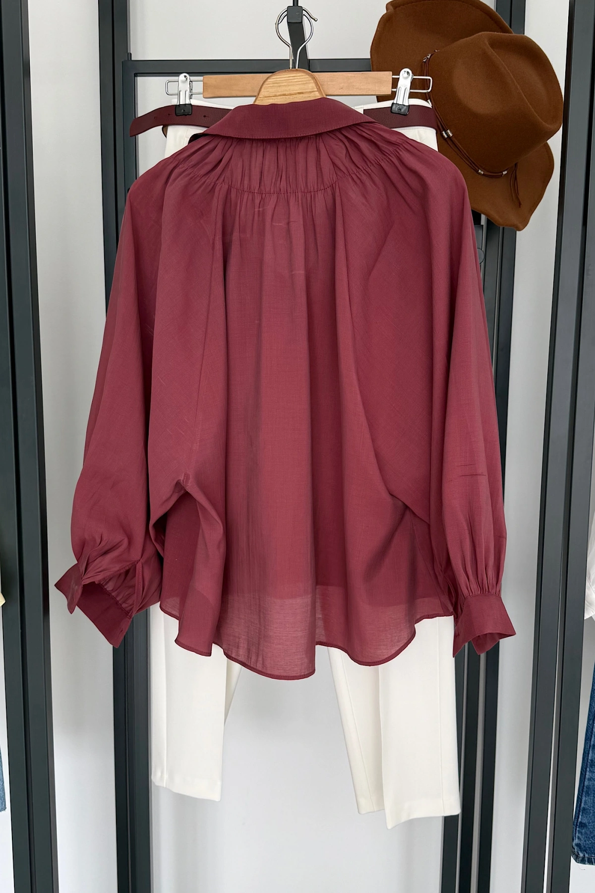 Balon Kol Dökümlü Gömlek Bordo