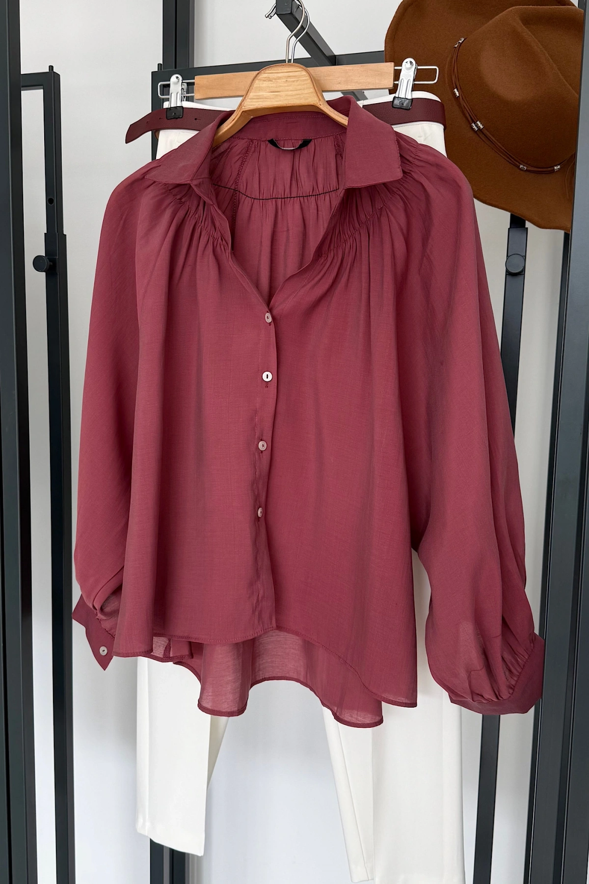 Balon Kol Dökümlü Gömlek Bordo