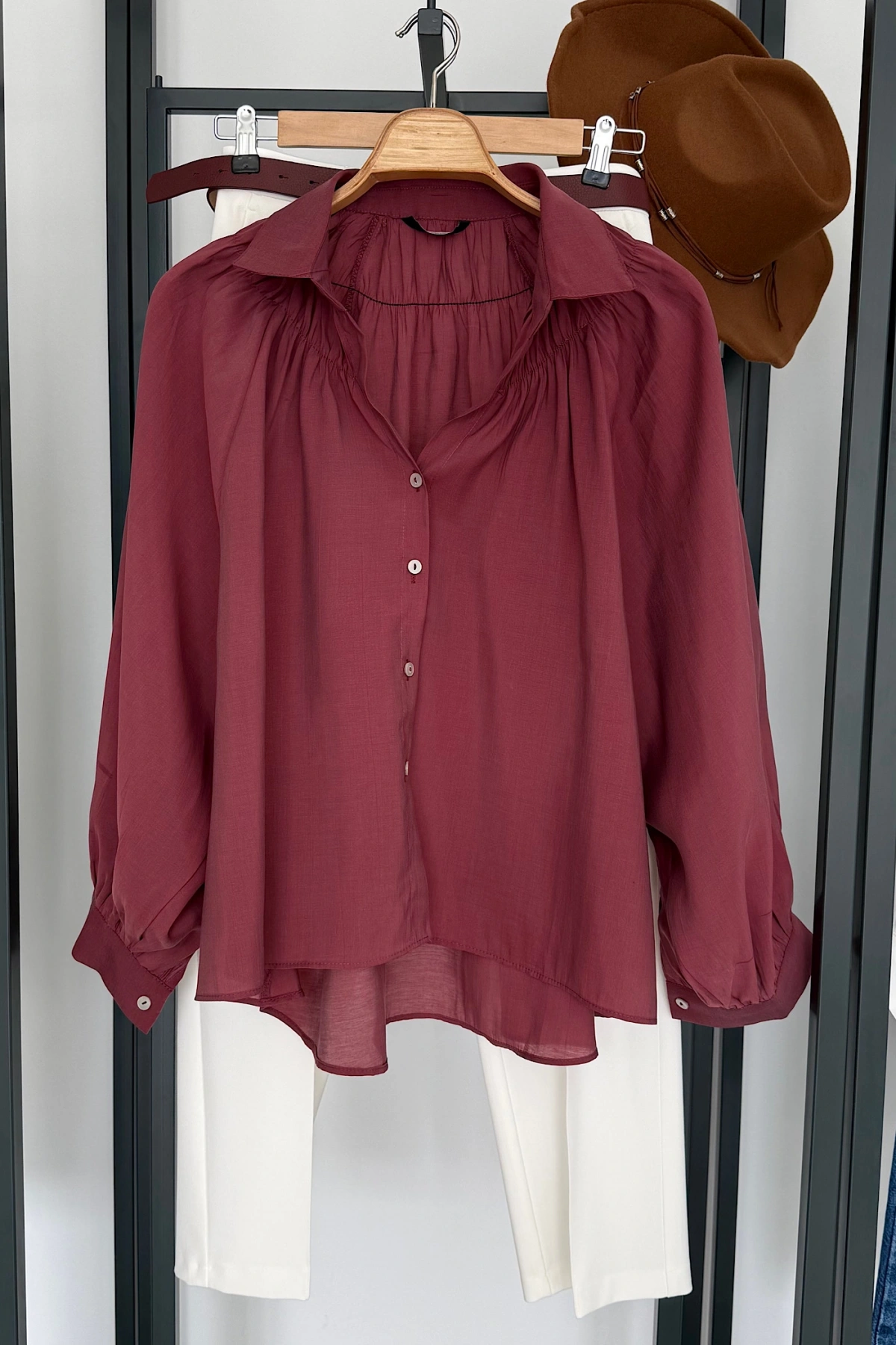 Balon Kol Dökümlü Gömlek Bordo