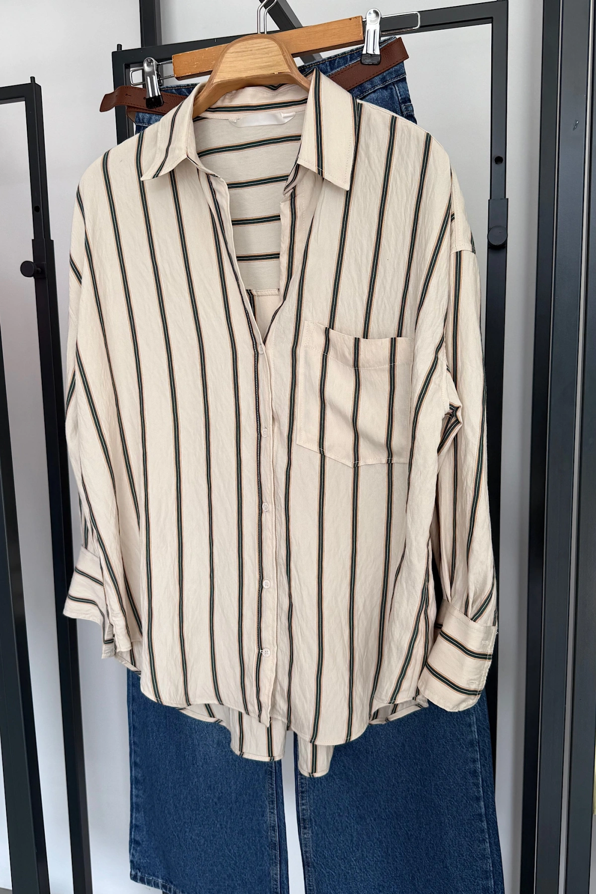 Çizgili Diagonal Gömlek Krem