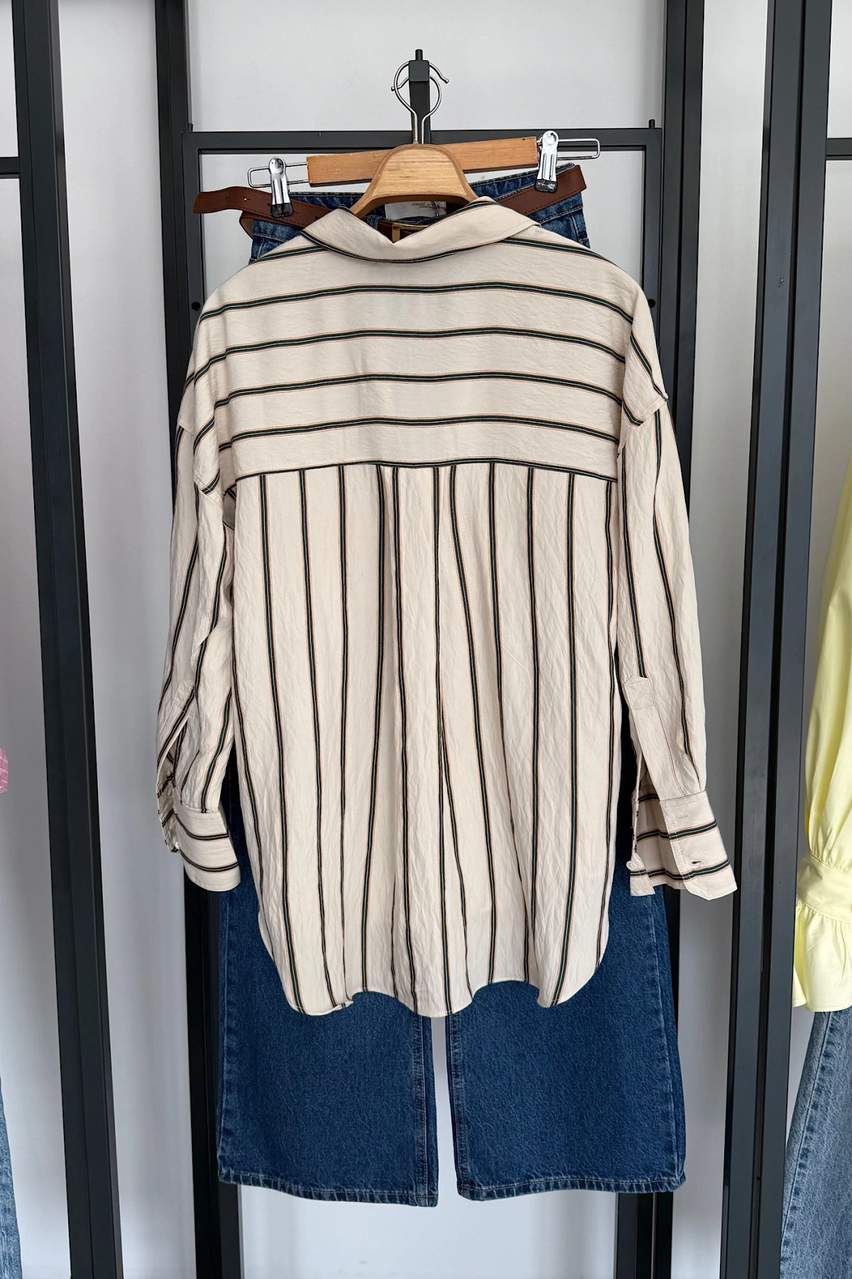 Çizgili Diagonal Gömlek Krem