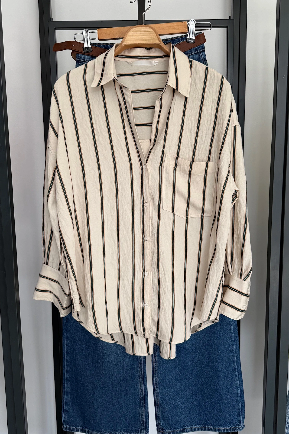 Çizgili Diagonal Gömlek Krem