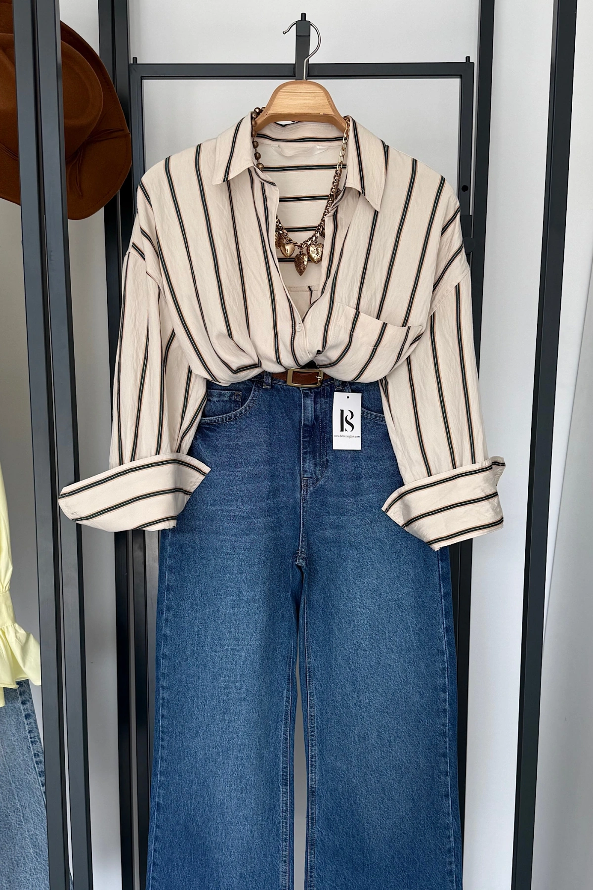 Çizgili Diagonal Gömlek Krem