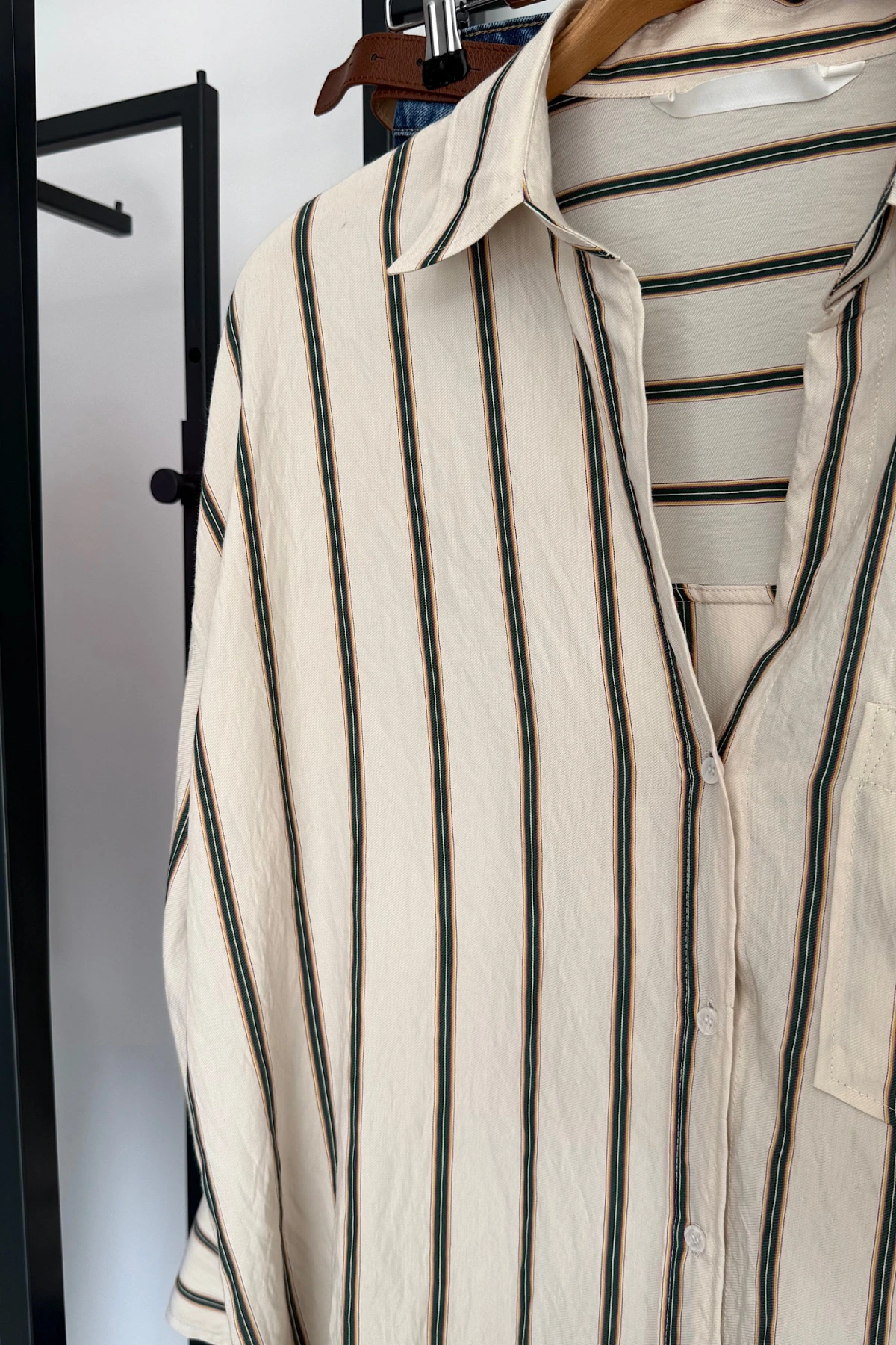 Çizgili Diagonal Gömlek Krem