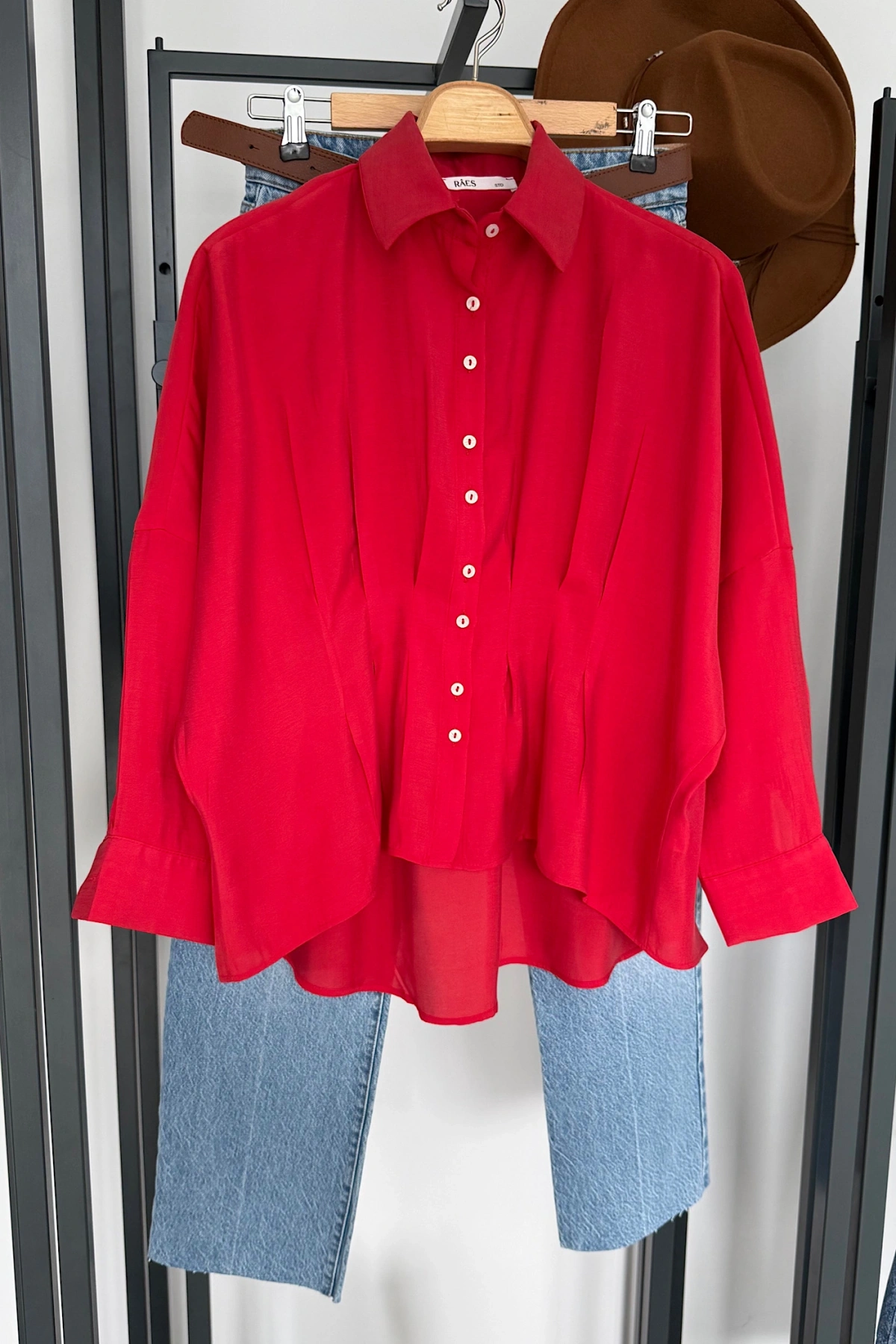 Pileli Modal Gömlek Kırmızı