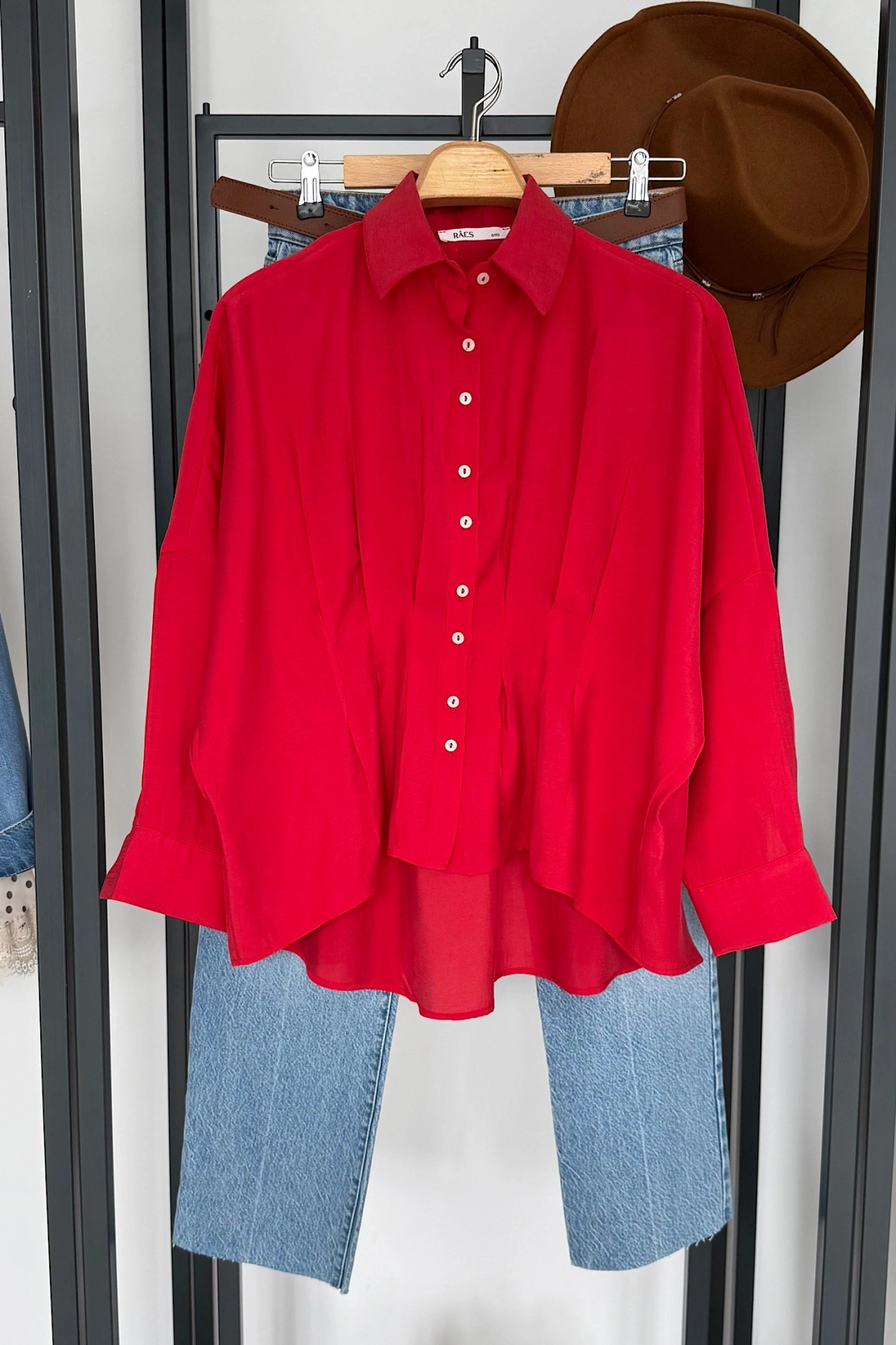 Pileli Modal Gömlek Kırmızı