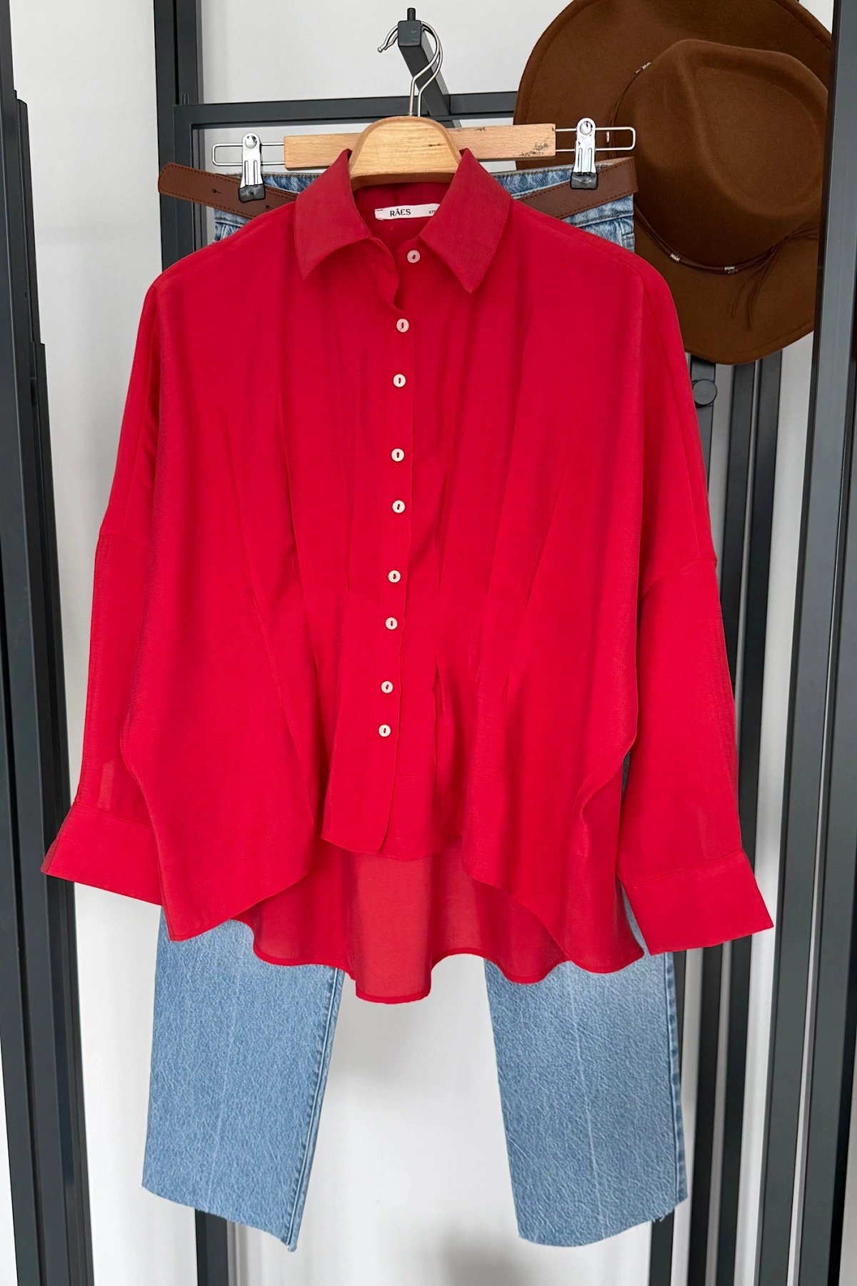 Pileli Modal Gömlek Kırmızı
