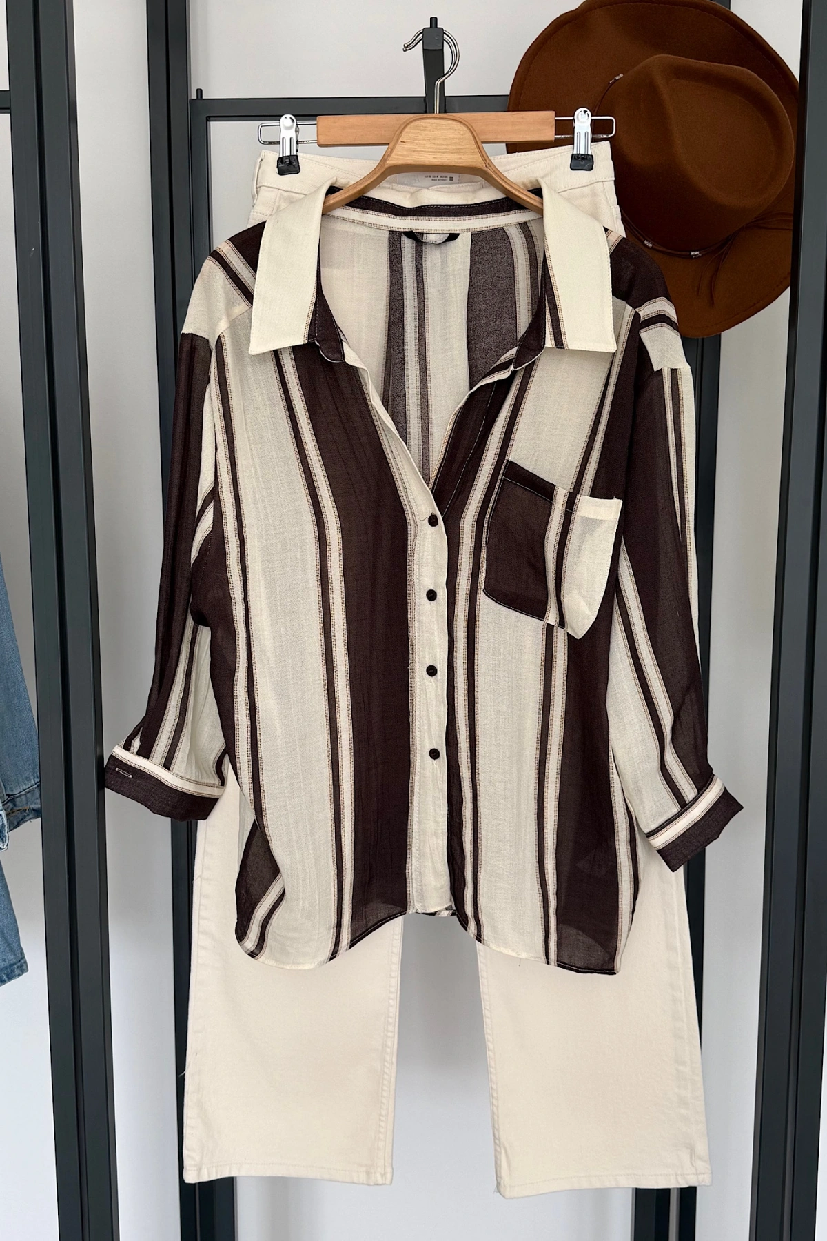 Cepli Çizgili Oversize Gömlek Kahve-Taş