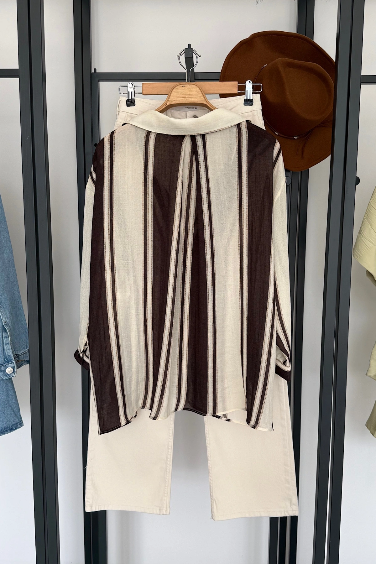 Cepli Çizgili Oversize Gömlek Kahve-Taş