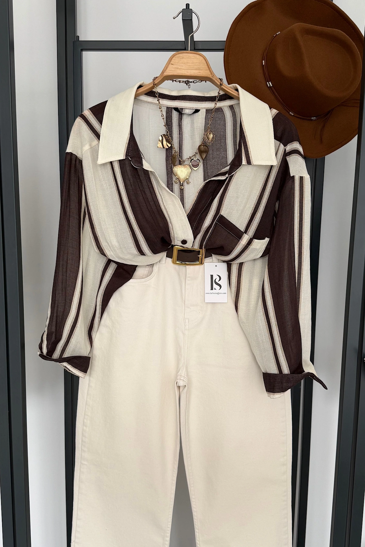 Cepli Çizgili Oversize Gömlek Kahve-Taş