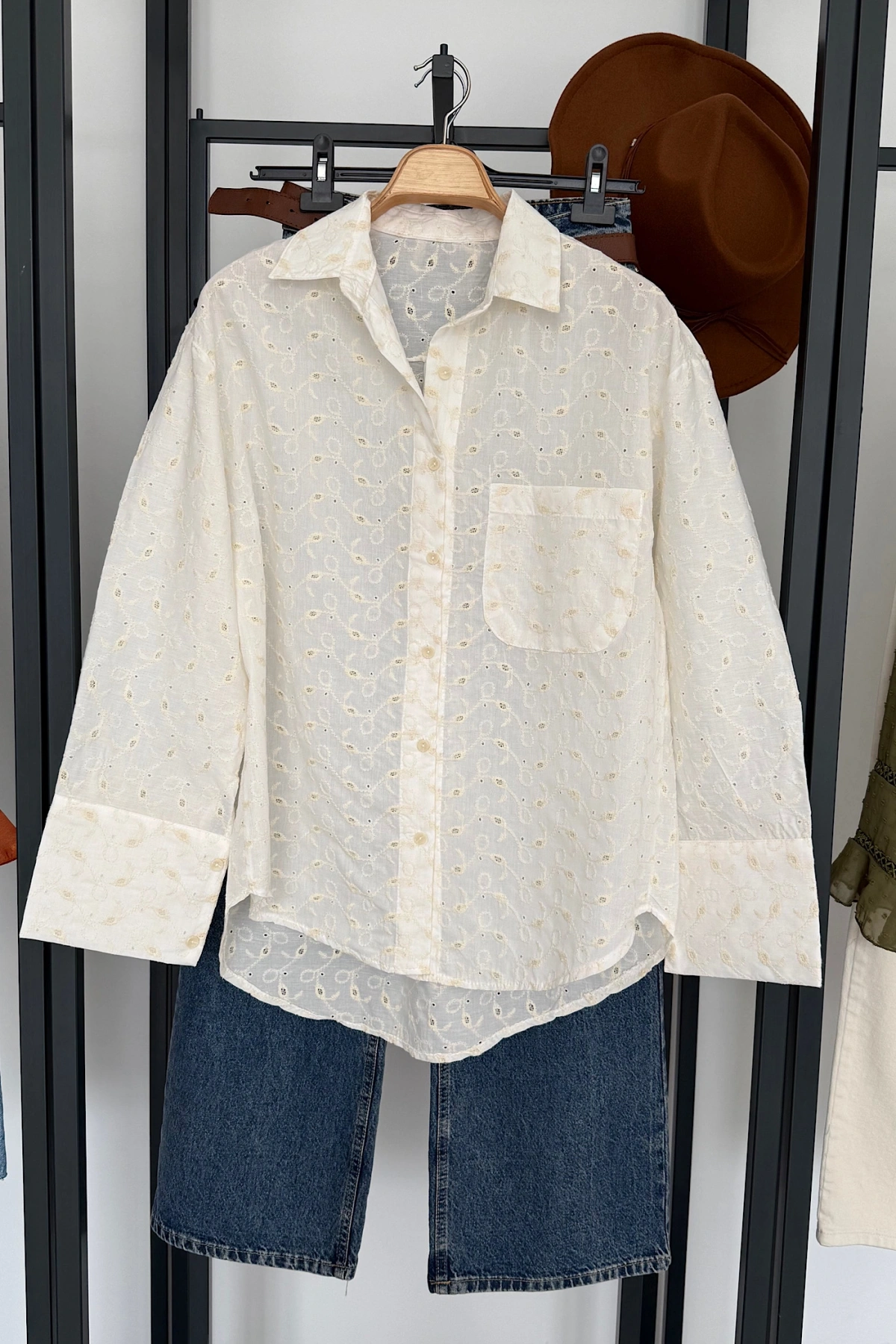 Tek Cep Desenli Gömlek Ekru