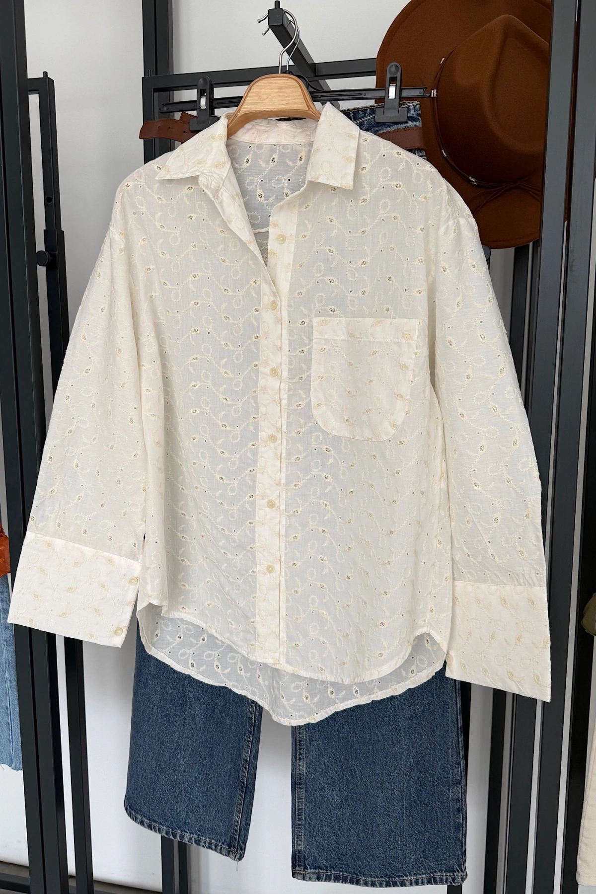 Tek Cep Desenli Gömlek Ekru