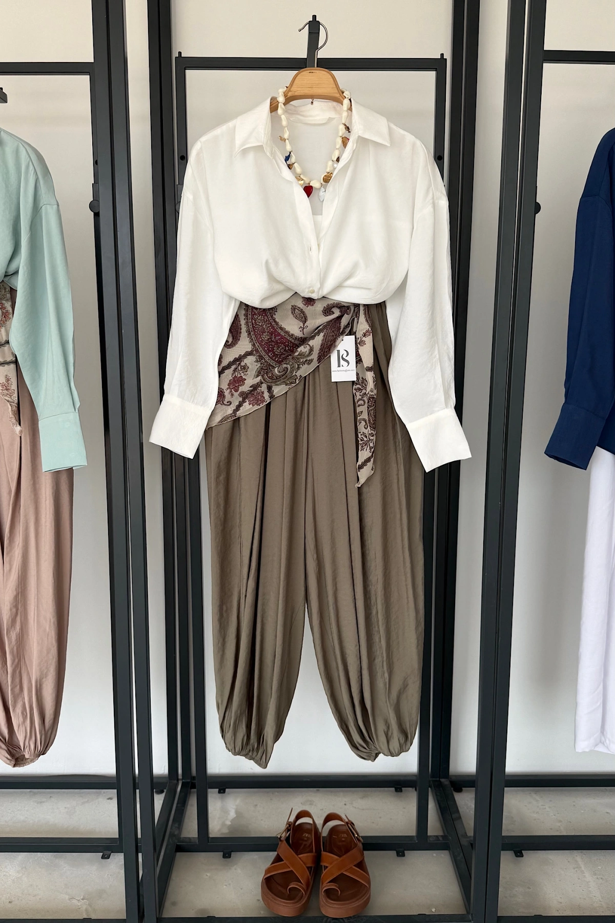 Kendinden Şal Detaylı Şalvar Pantolon Haki