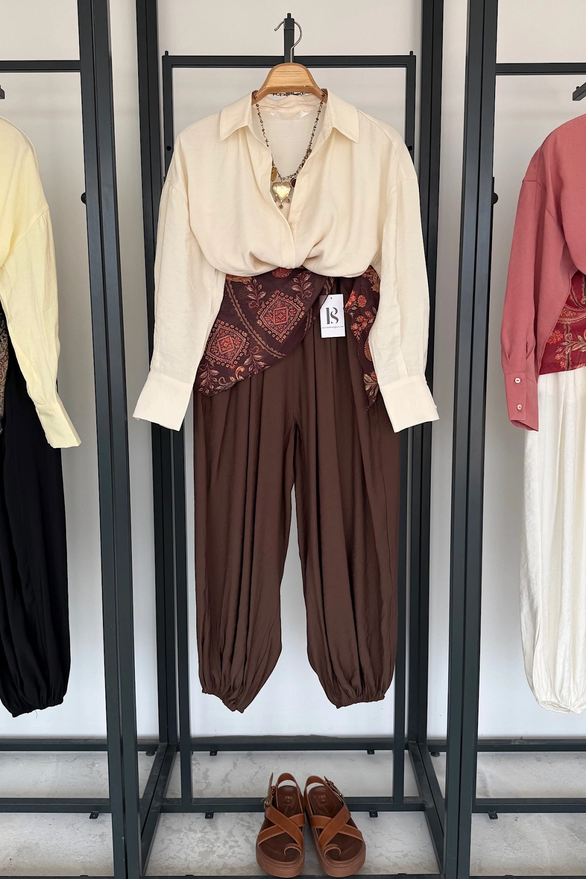 Kendinden Şal Detaylı Şalvar Pantolon Kahverengi