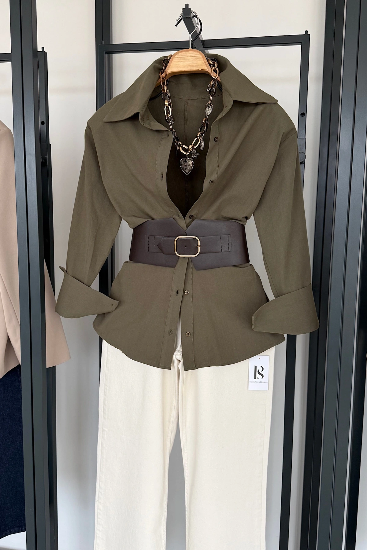 Korse Kemerli Basic Gömlek Haki