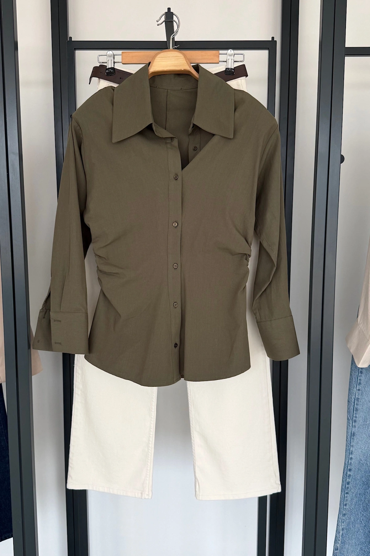 Korse Kemerli Basic Gömlek Haki