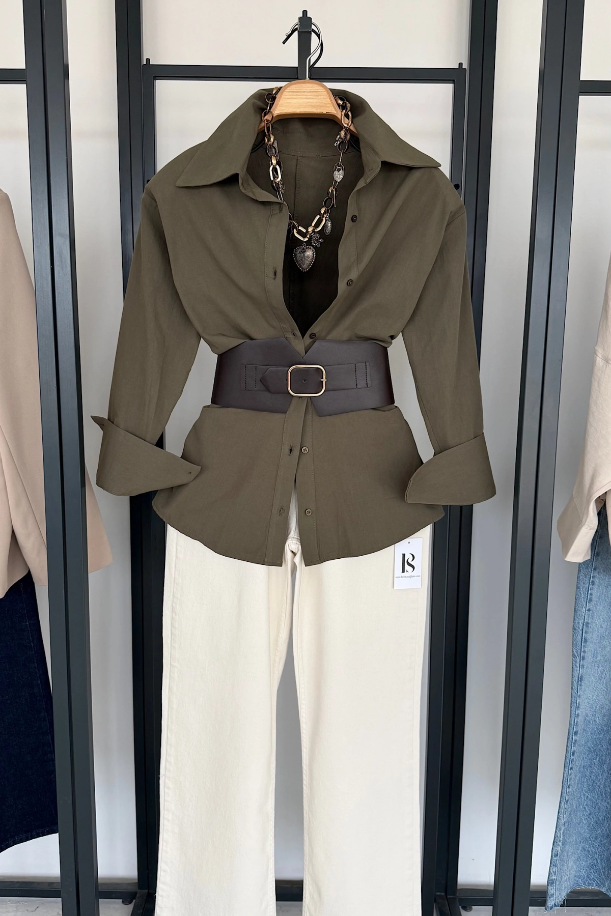 Korse Kemerli Basic Gömlek Haki