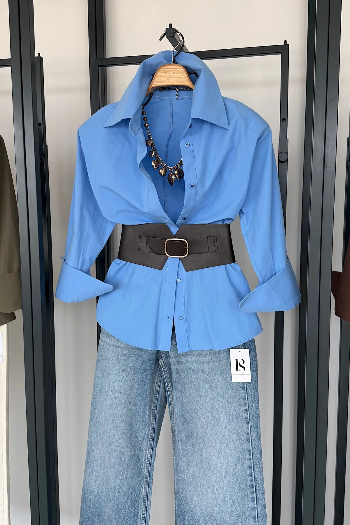 Korse Kemerli Basic Gömlek Mavi