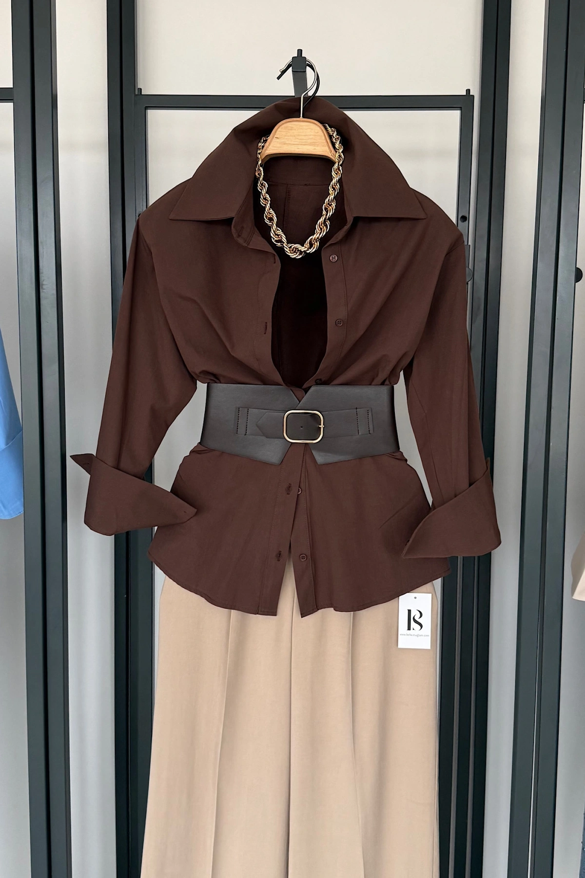 Korse Kemerli Basic Gömlek Kahverengi