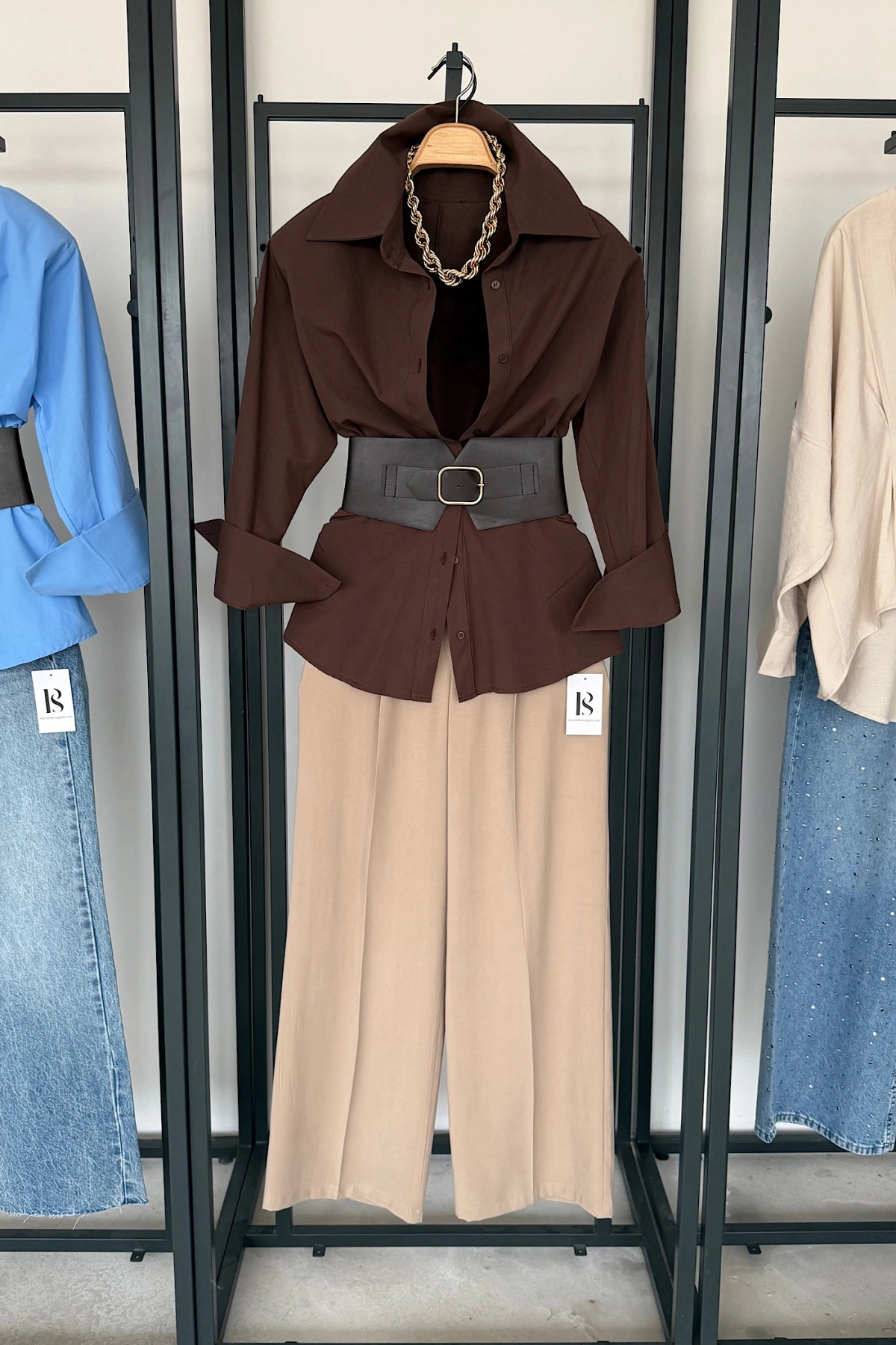 Korse Kemerli Basic Gömlek Kahverengi