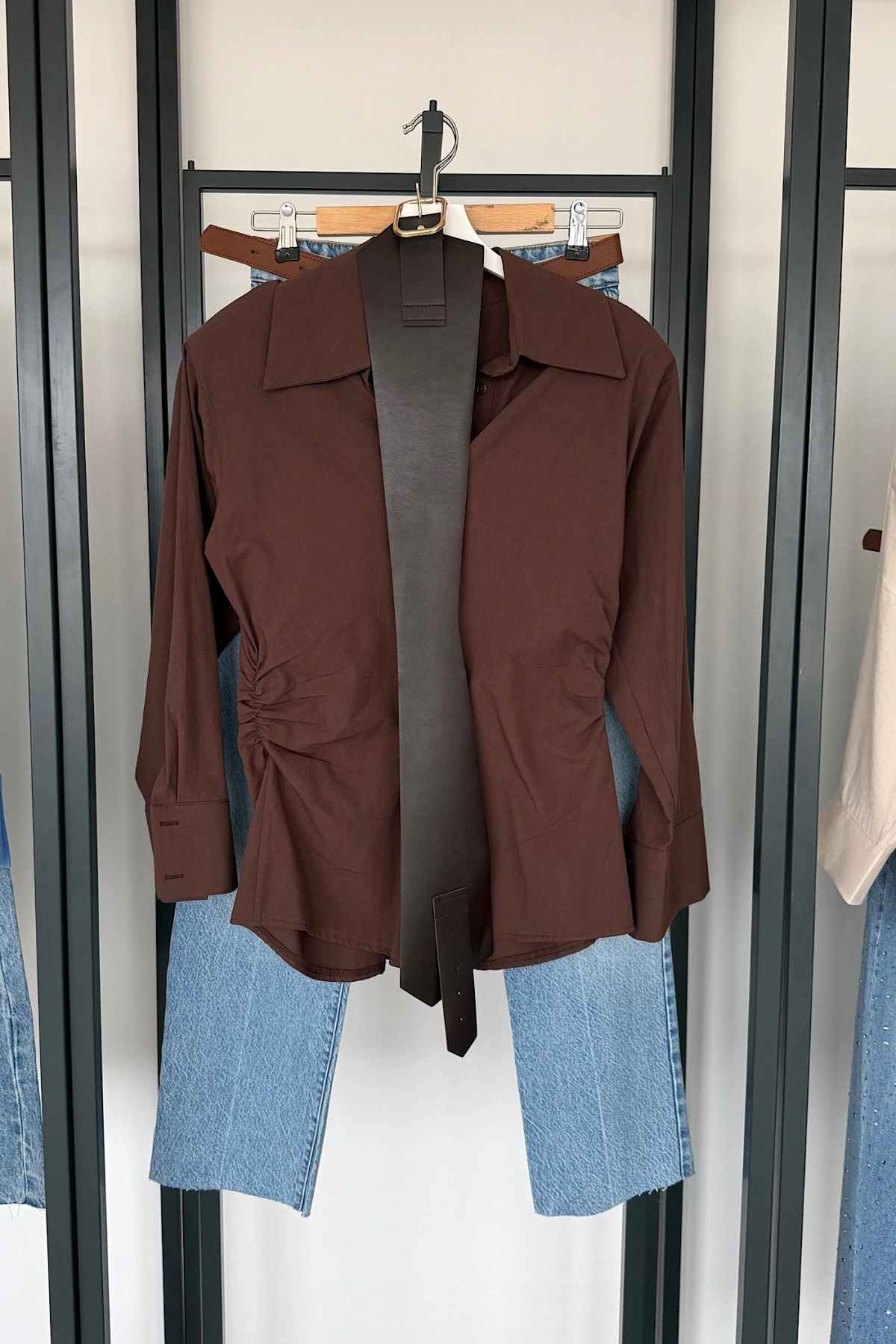 Korse Kemerli Basic Gömlek Kahverengi