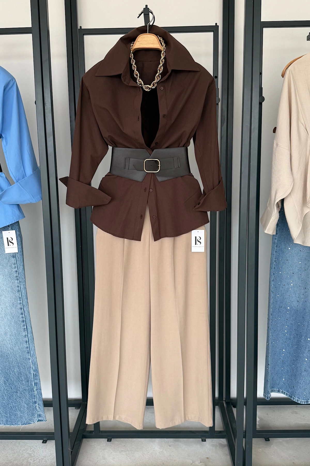 Korse Kemerli Basic Gömlek Kahverengi