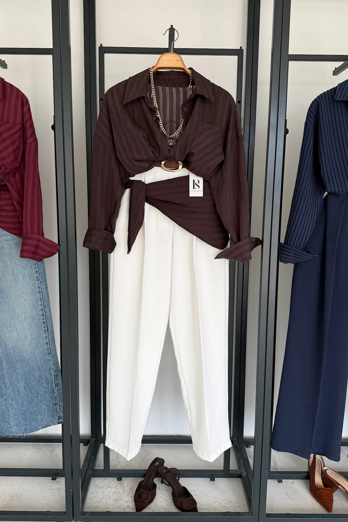 Bağlama Detaylı Çizgili Gömlek Kahverengi