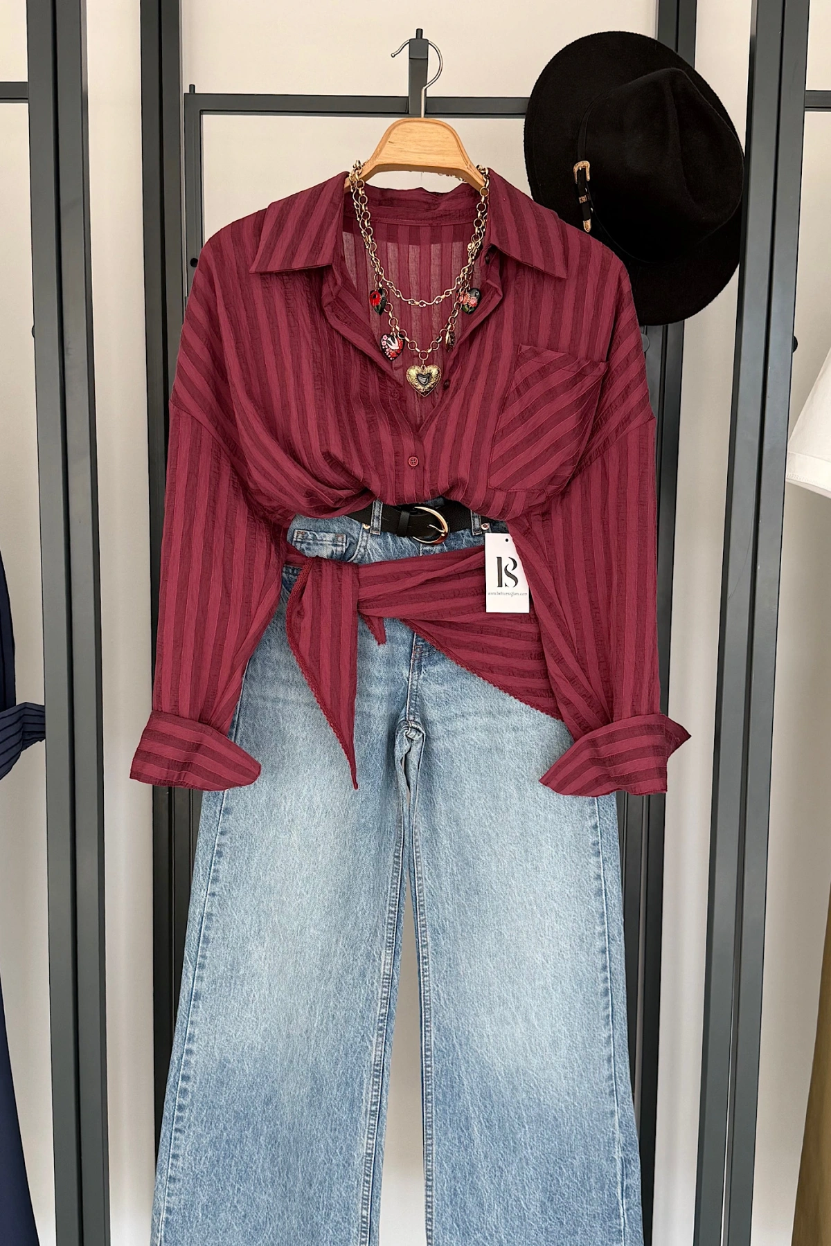 Bağlama Detaylı Çizgili Gömlek Bordo