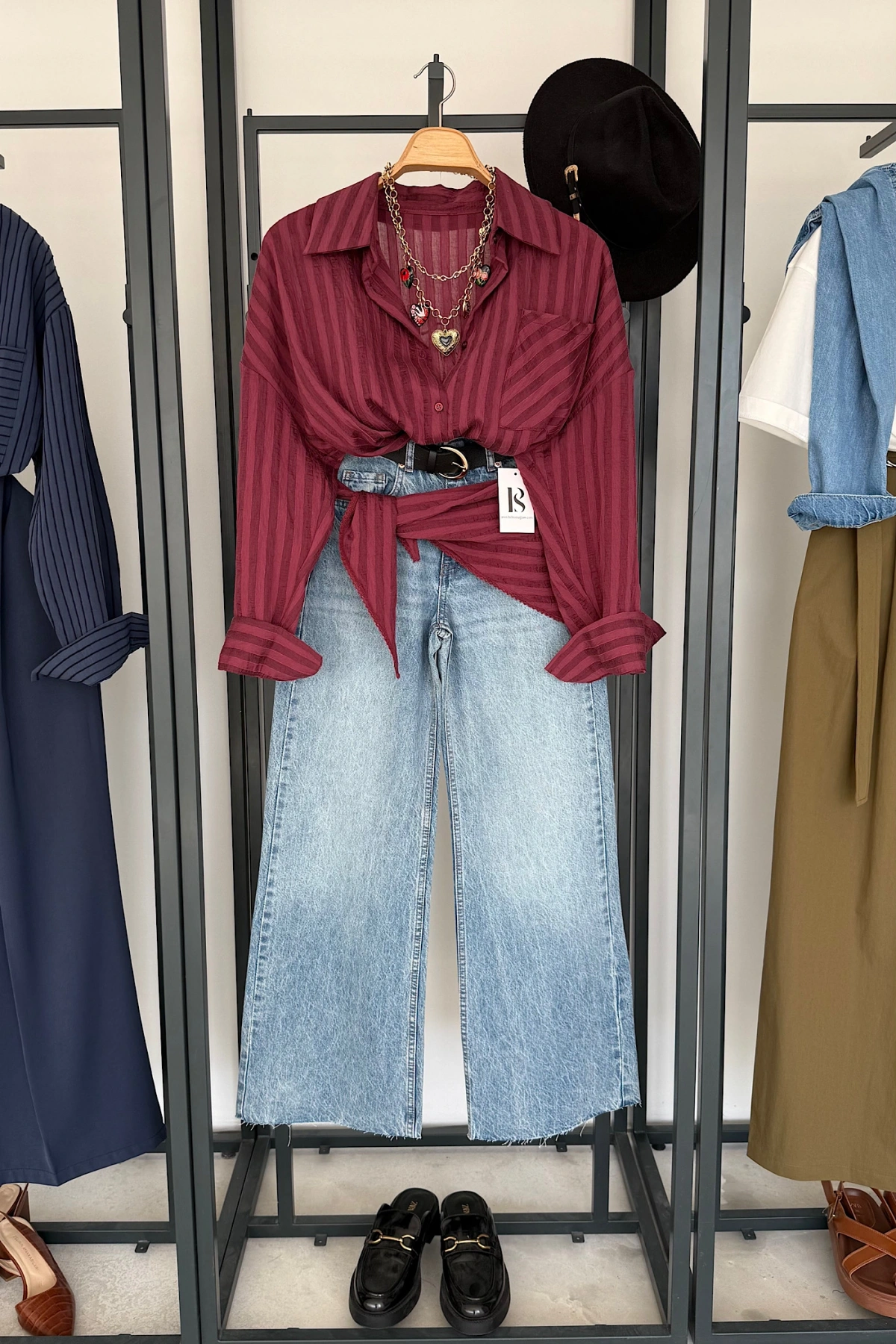 Bağlama Detaylı Çizgili Gömlek Bordo