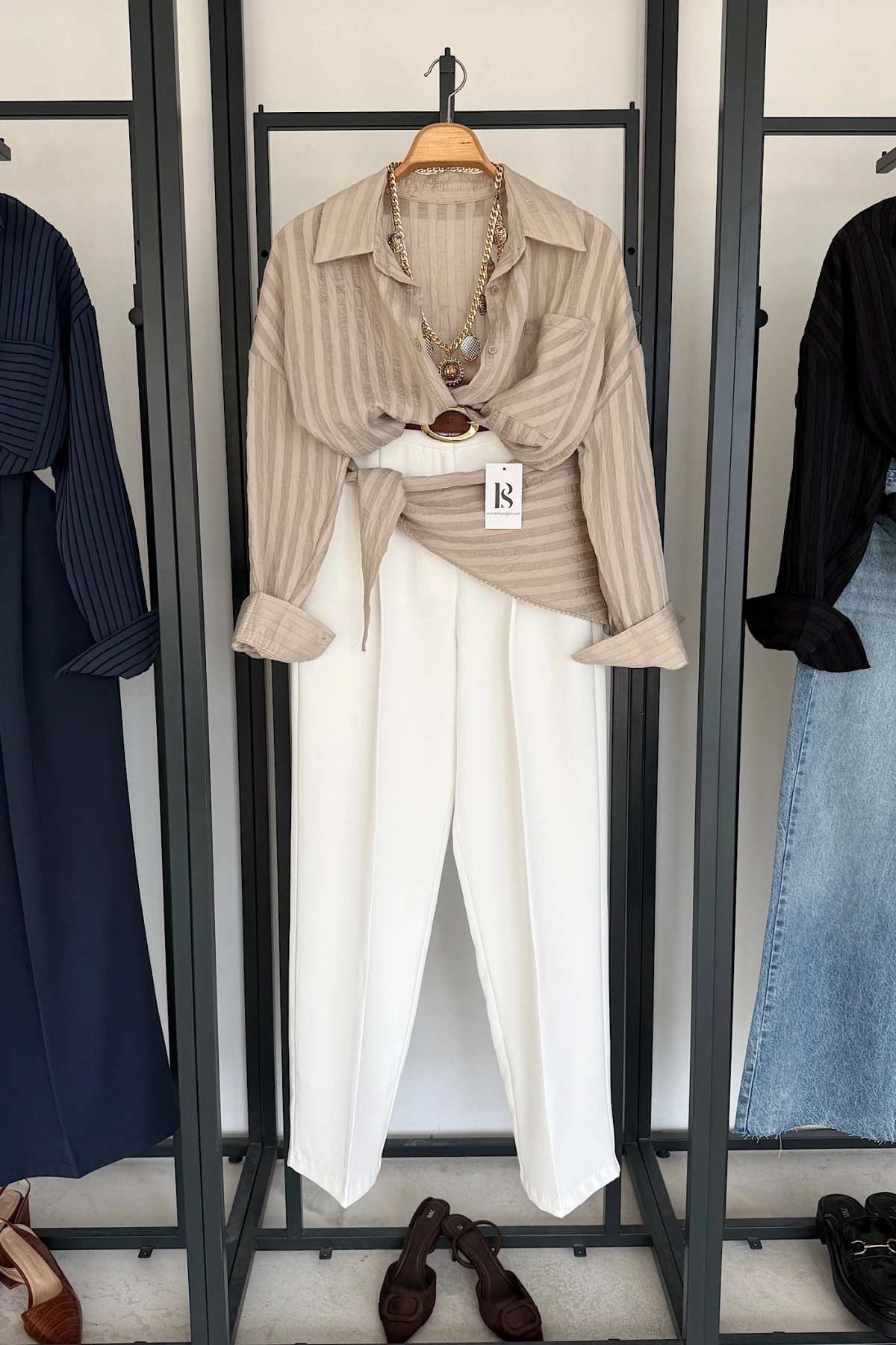 Bağlama Detaylı Çizgili Gömlek Taş