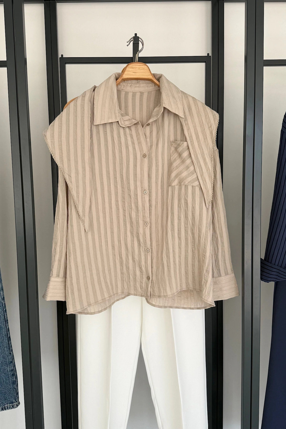 Bağlama Detaylı Çizgili Gömlek Taş